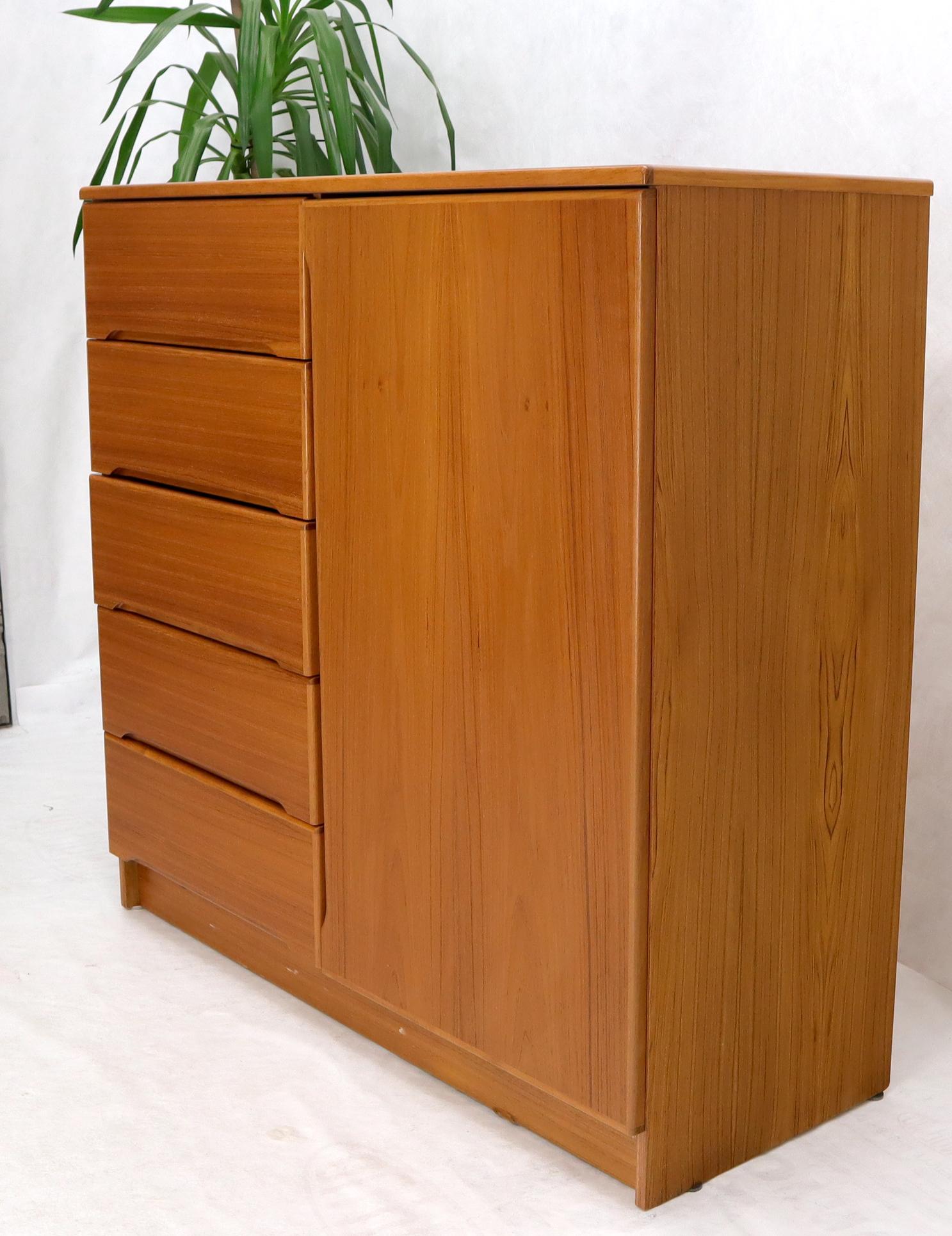Mid-Century Modern teak 5 drawers cabinet dresser with a one door adjustable shelves compartment.