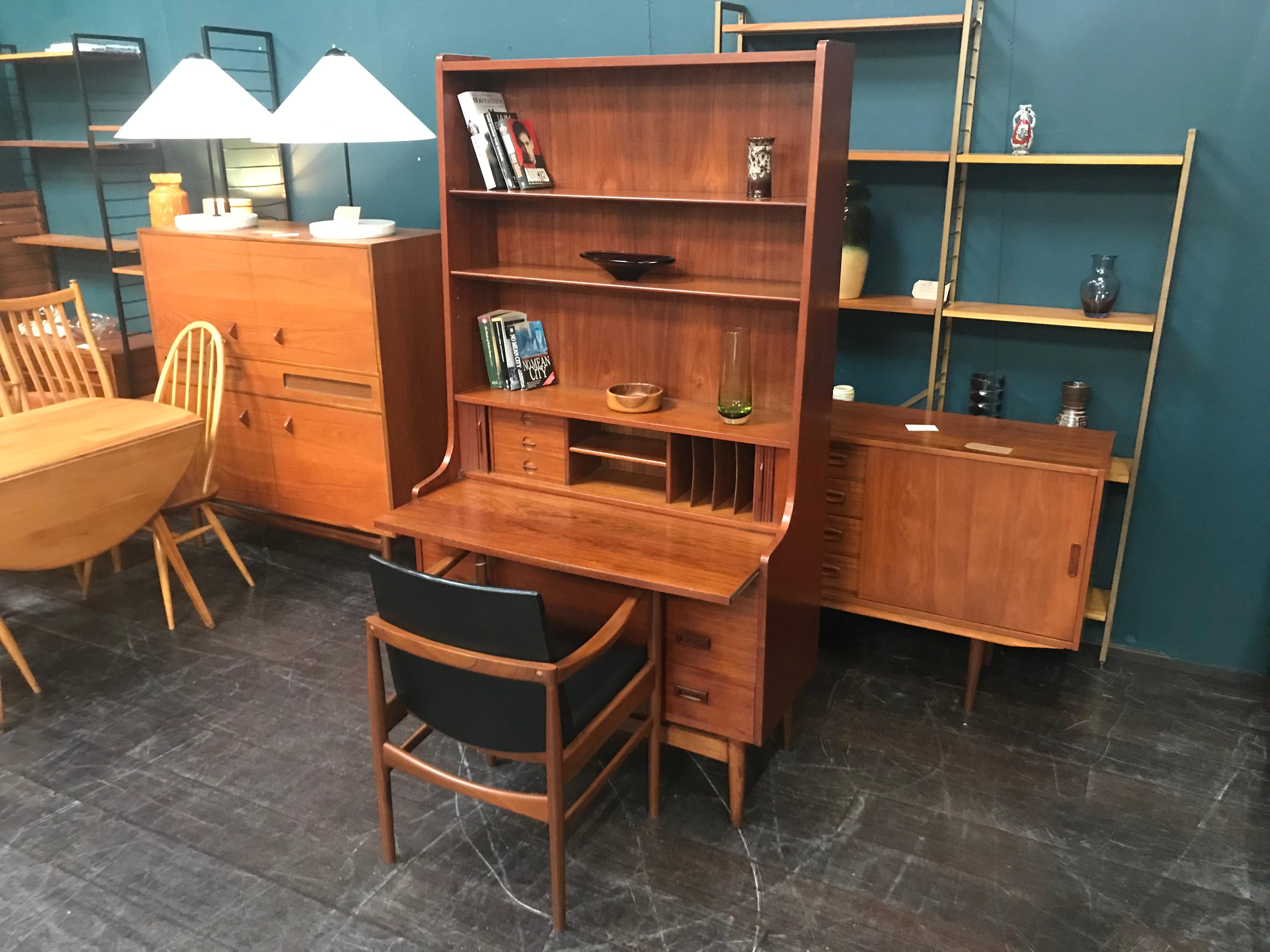 20th Century Danish Teak Midcentury Secretaire Desk Bookcase by Johannes Sorth for Bornholm For Sale