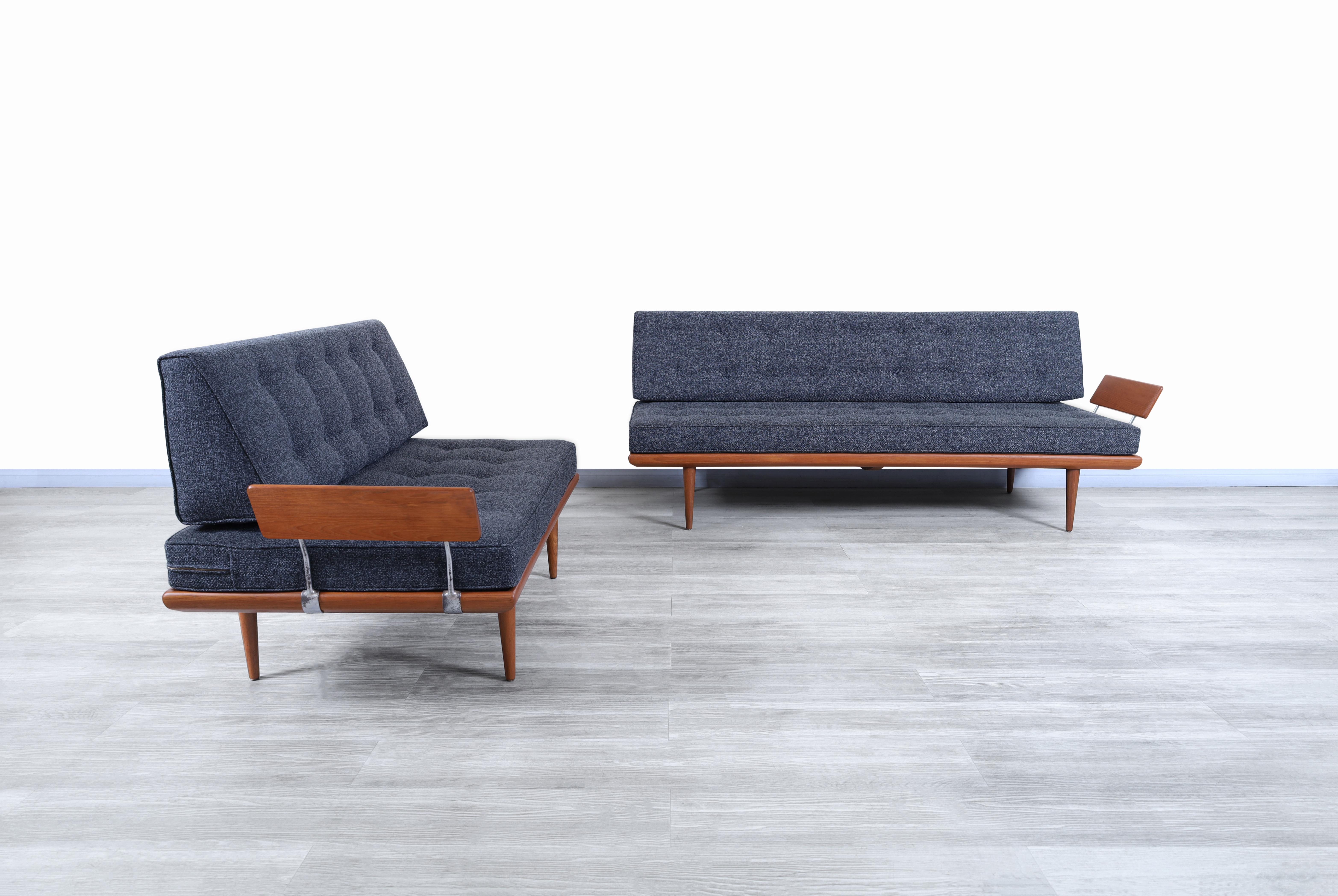 Fabulous Danish teak “Minerva” sectional sofa / daybed designed by Peter Hvidt & Orla Molgaard-Nielsen for France & Daverkosen in Denmark, circa 1950s. This set has an avant-garde design for the time it was built, but it is highly versatile in its