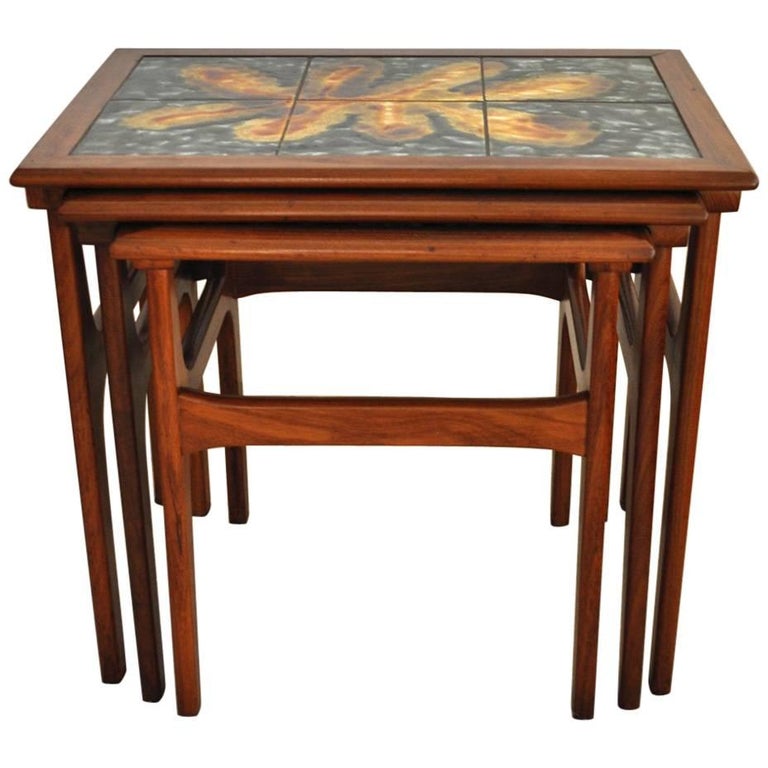 Danish Teak Nesting Tables with Ceramic Tiles from the 60s at 1stDibs