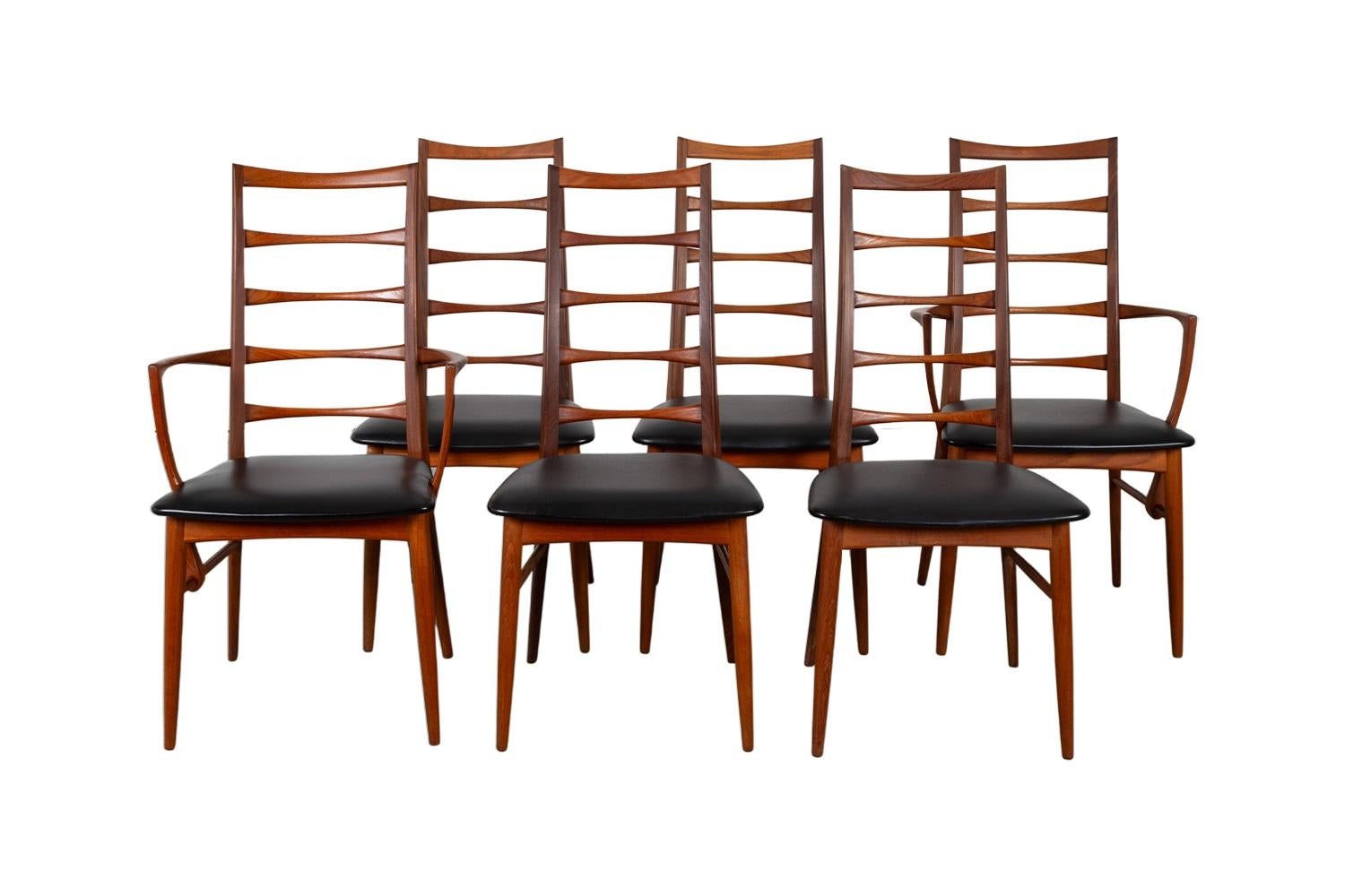 An outstanding set of six teak dining chairs designed by Niels Koefoed for Koefoeds Hornslet, model “Lis” made in Denmark, circa 1960s. This stunning set of six ladder back chairs features two armchairs and four side chairs in beautiful upholstered