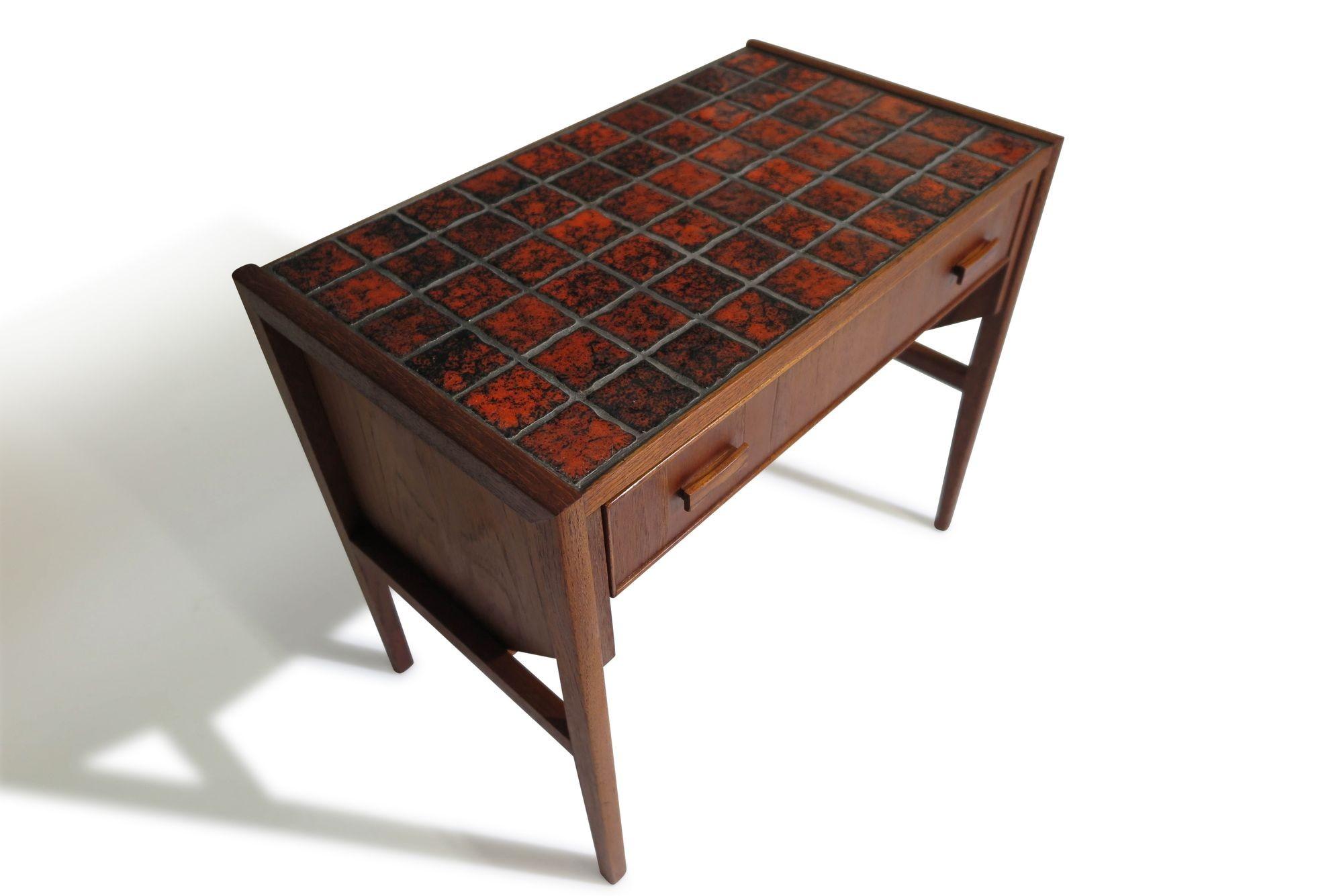 Scandinavian Modern Danish Teak Nightstands Side Tables with Orange Tiles For Sale