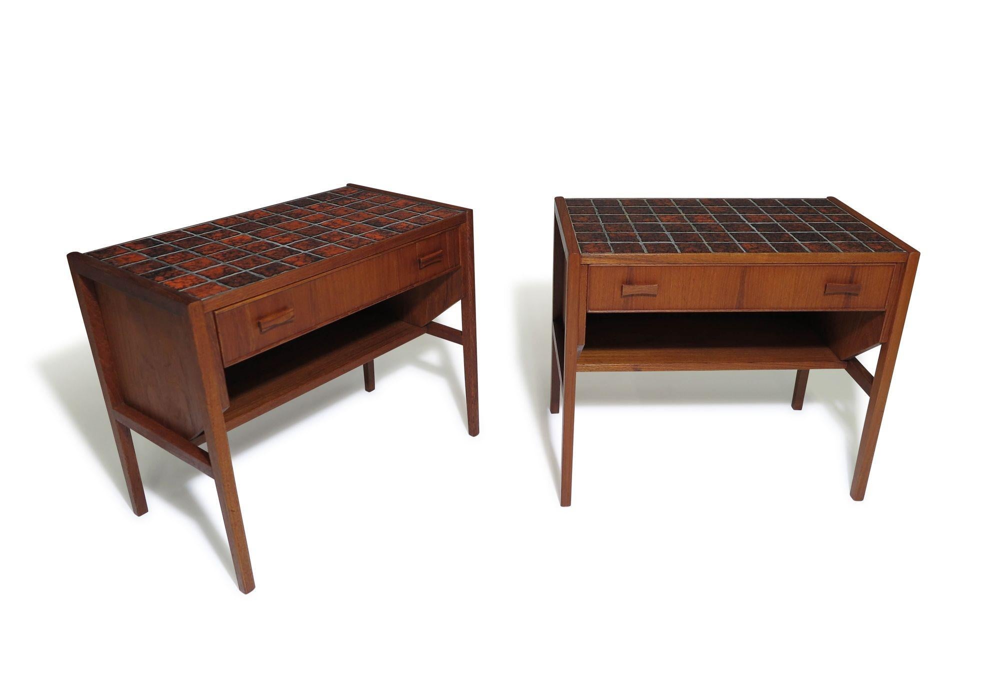 Oiled Danish Teak Nightstands Side Tables with Orange Tiles For Sale