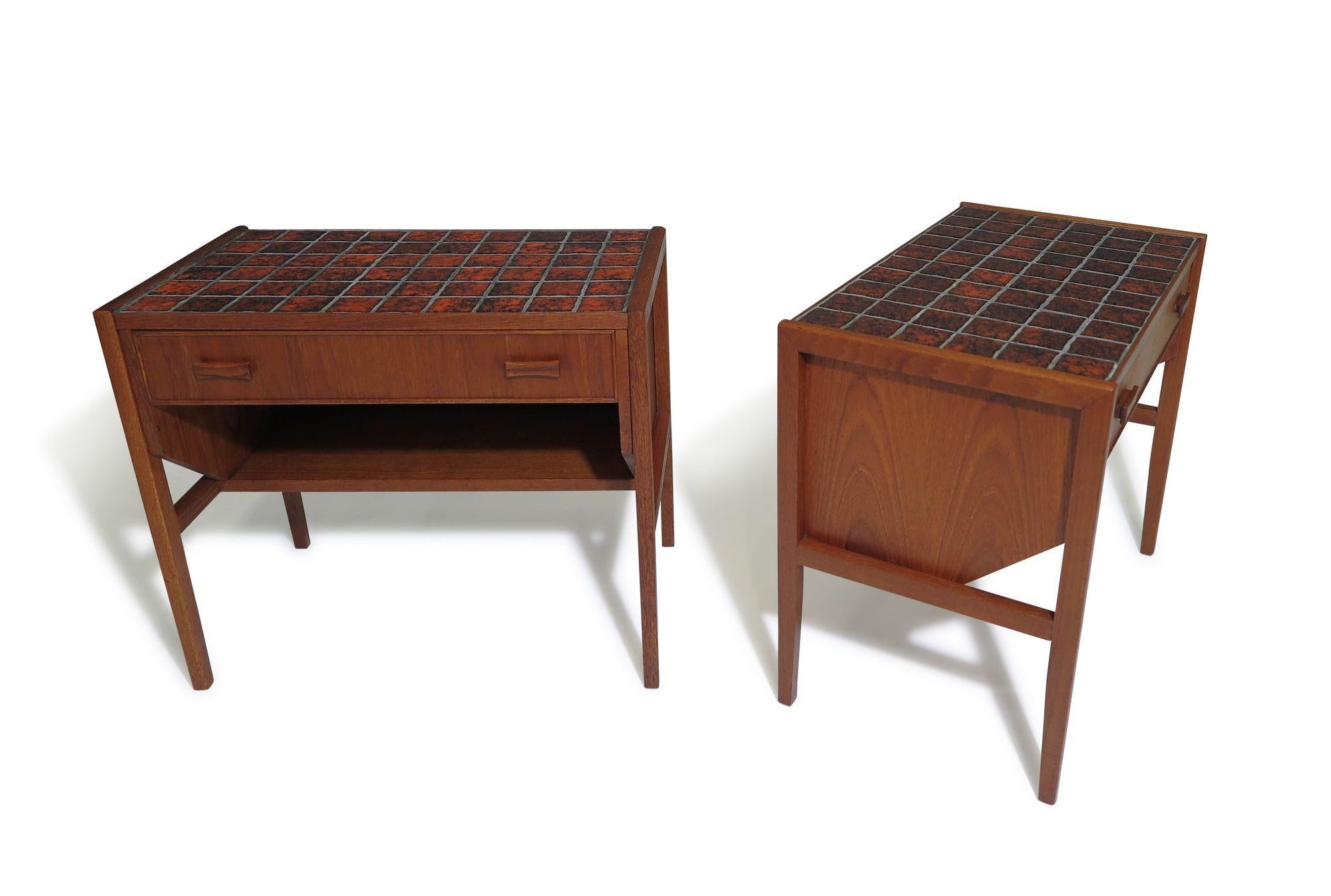 20th Century Danish Teak Nightstands Side Tables with Orange Tiles For Sale