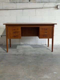 Danish Teak Office Desk Table with Floating Drawers Back Bookshelf Denmark 1960s
