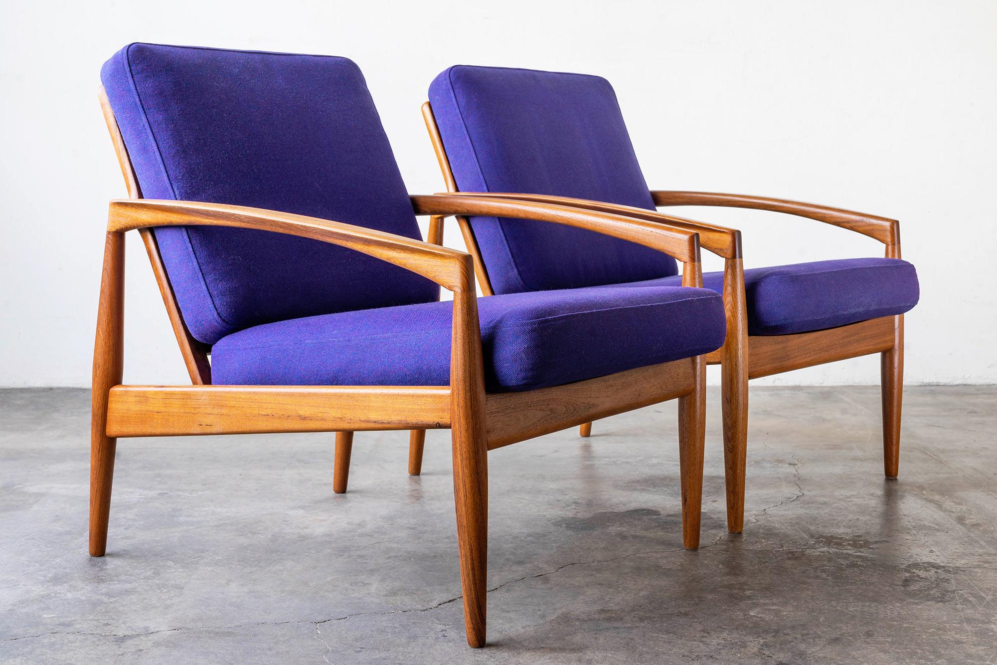 Scandinavian Modern Danish Teak Paper Knife Lounge Chairs by Kai Kristiansen, 'Pair' For Sale