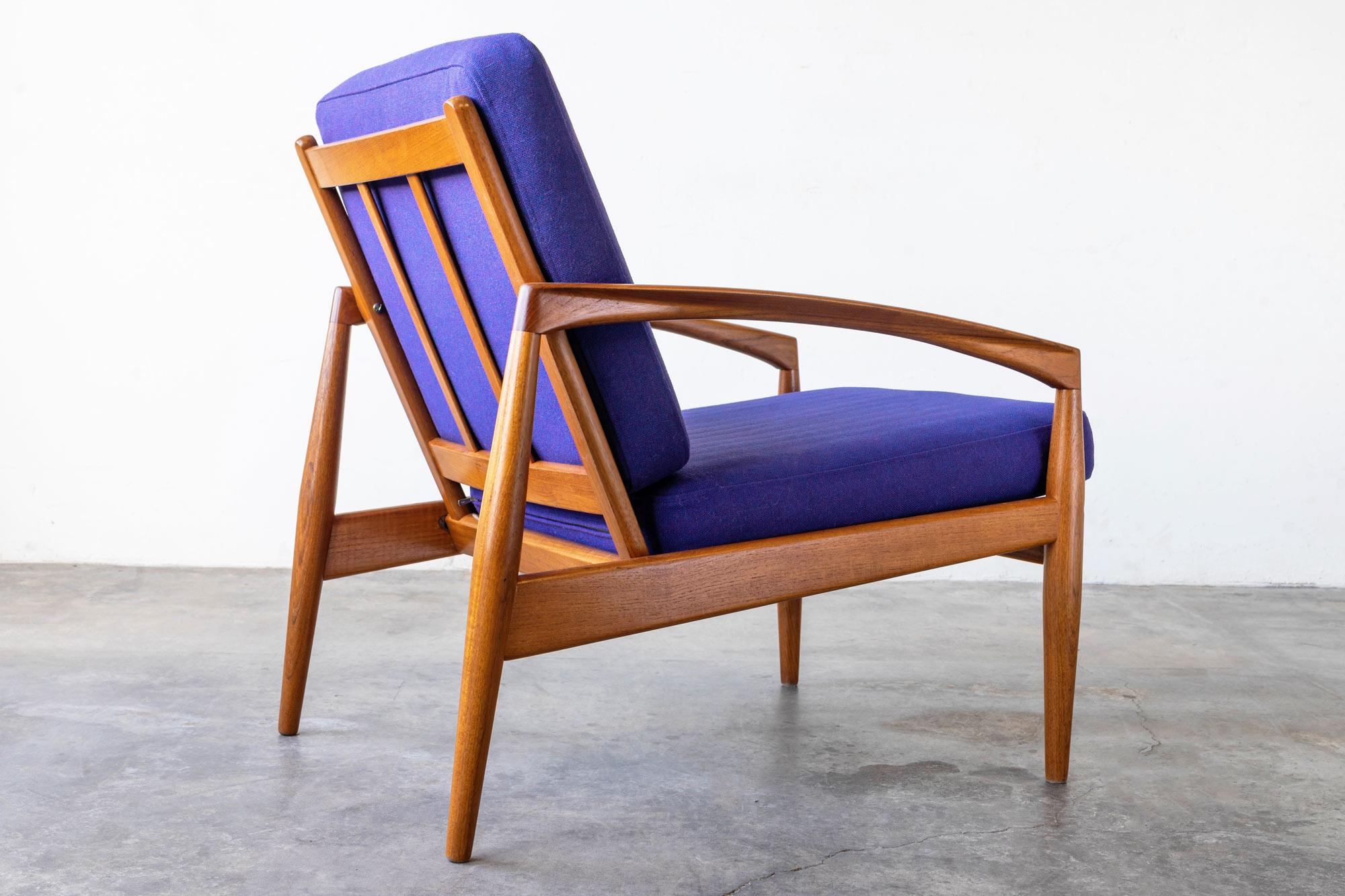 Wool Danish Teak Paper Knife Lounge Chairs by Kai Kristiansen, 'Pair' For Sale