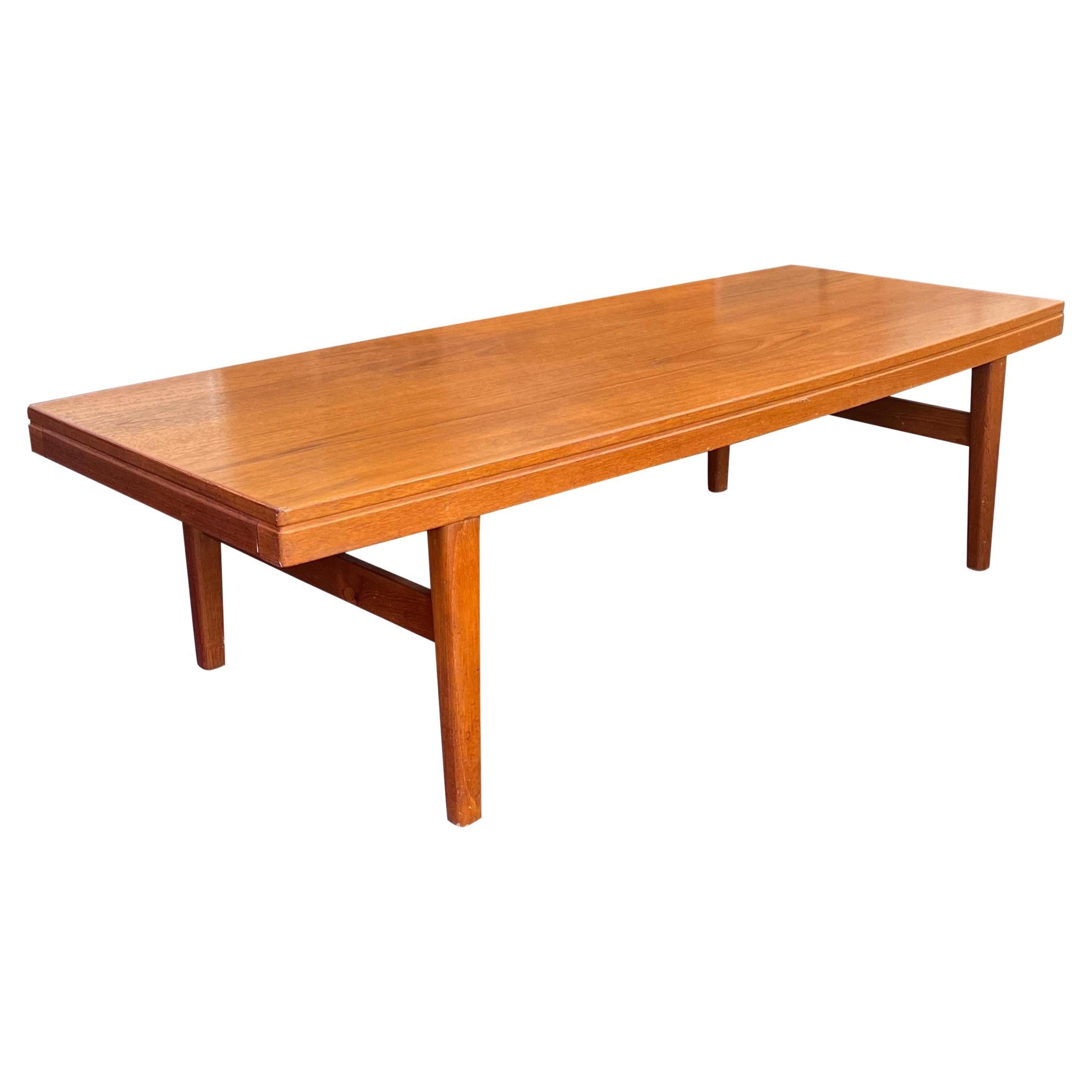 Danish Modern Round Teak Coffee Table with Floating Rattan Shelf at 1stDibs