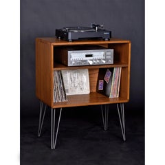 Danish Teak Record Cabinet Media Stand on Hairpin Legs