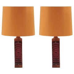 Vintage Danish Red Glass, Teak and Brass Table Lamps
