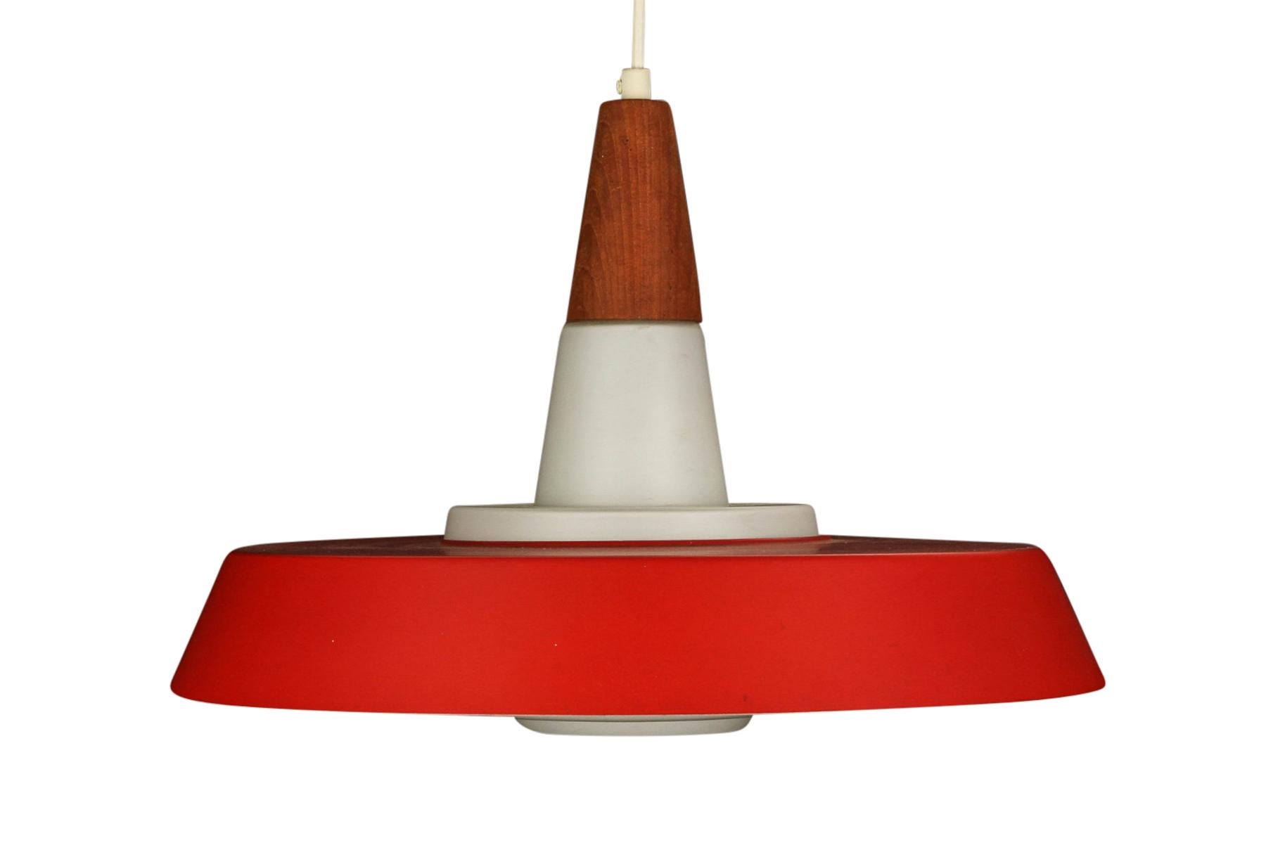 Mid-Century Modern Danish Teak + Red Ufo Pendant Lamp For Sale