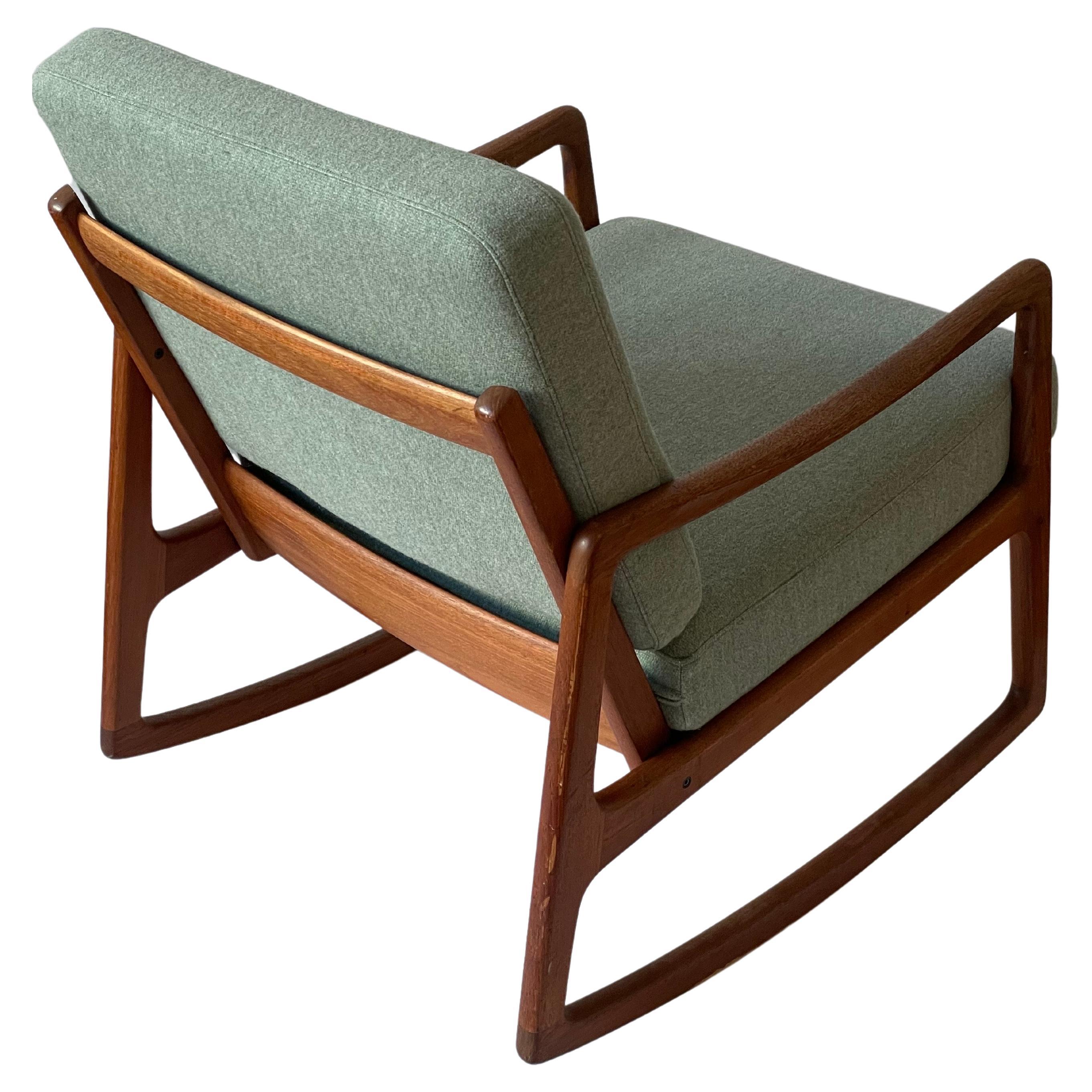 Danish Teak Rocking Chair by Ole Wanscher 1950s with New Upholstery