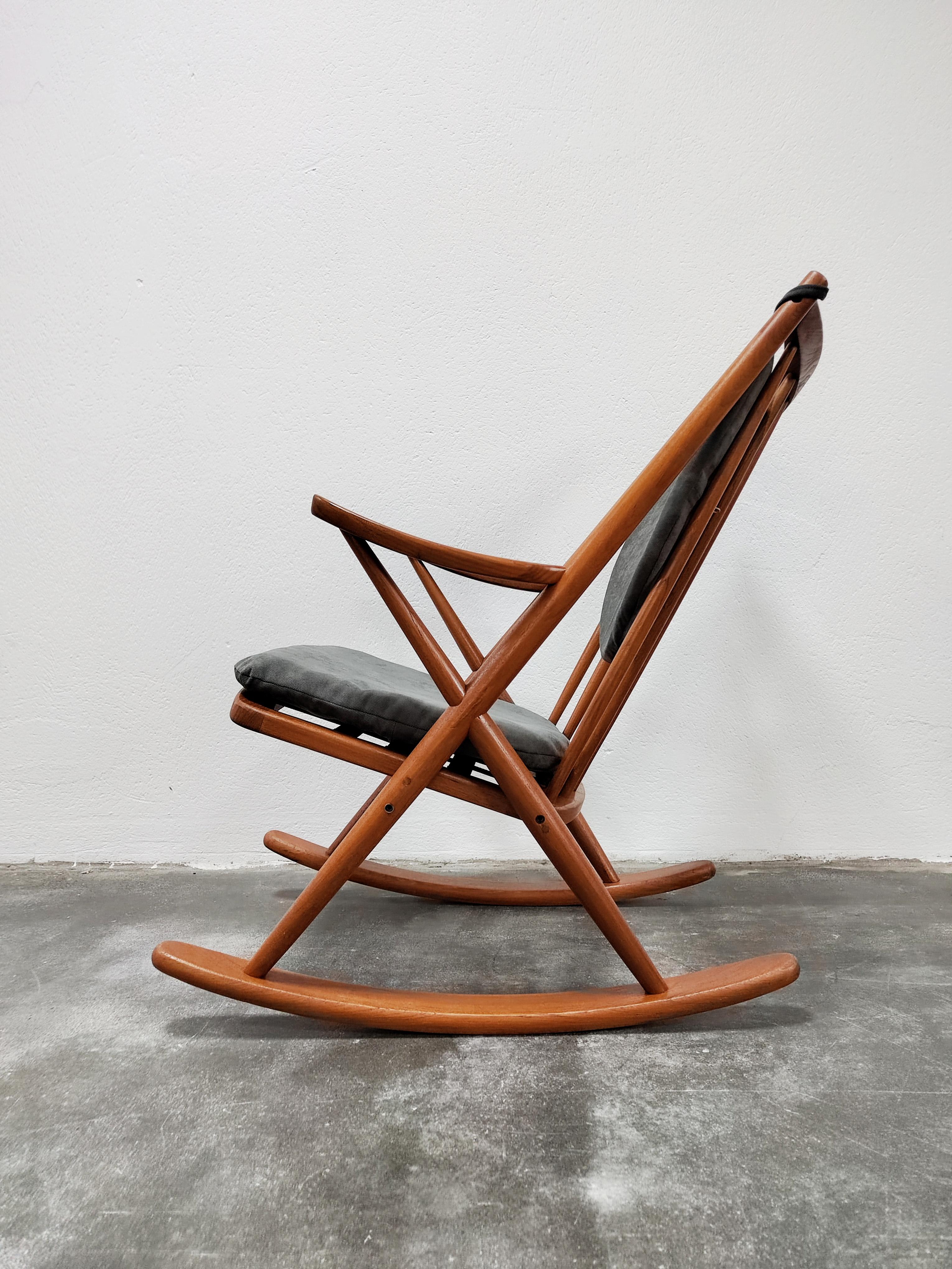 In this listing you will find a gorgeous Mid-Century Modern rocking chair designed by Frank Reenskaug for Bramin Mobler. The rocking chair is done in solid teak wood. It has recently been cleaned up by sending and it got teak oil finish. Also, the