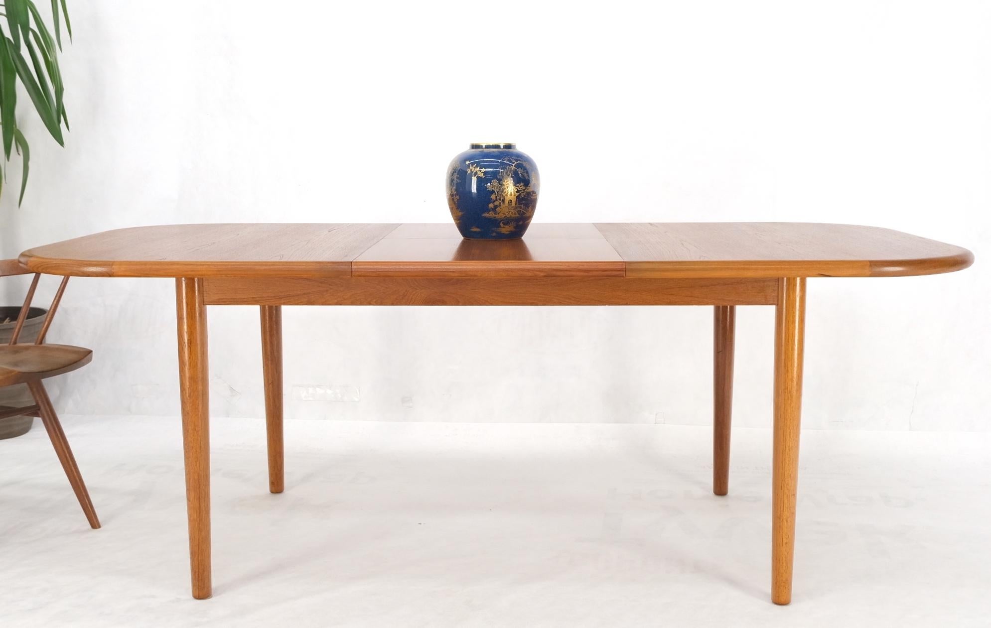 Lacquered Danish Teak Rounded Corners Rectangle Dining Table One Hide Away Board Leaf Mint For Sale