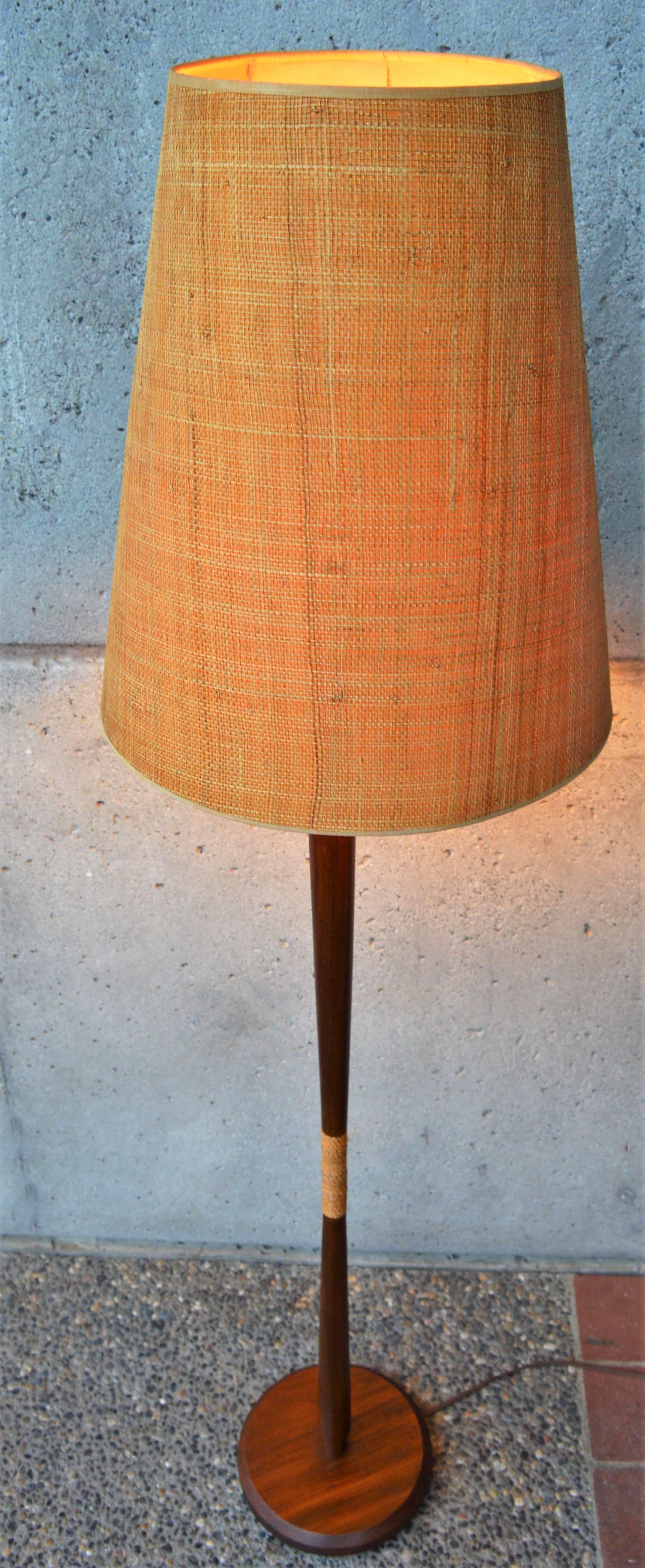 Scandinavian Danish Teak Sculptural Floor Lamp Grasscloth Shade Jute Wrapping For Sale