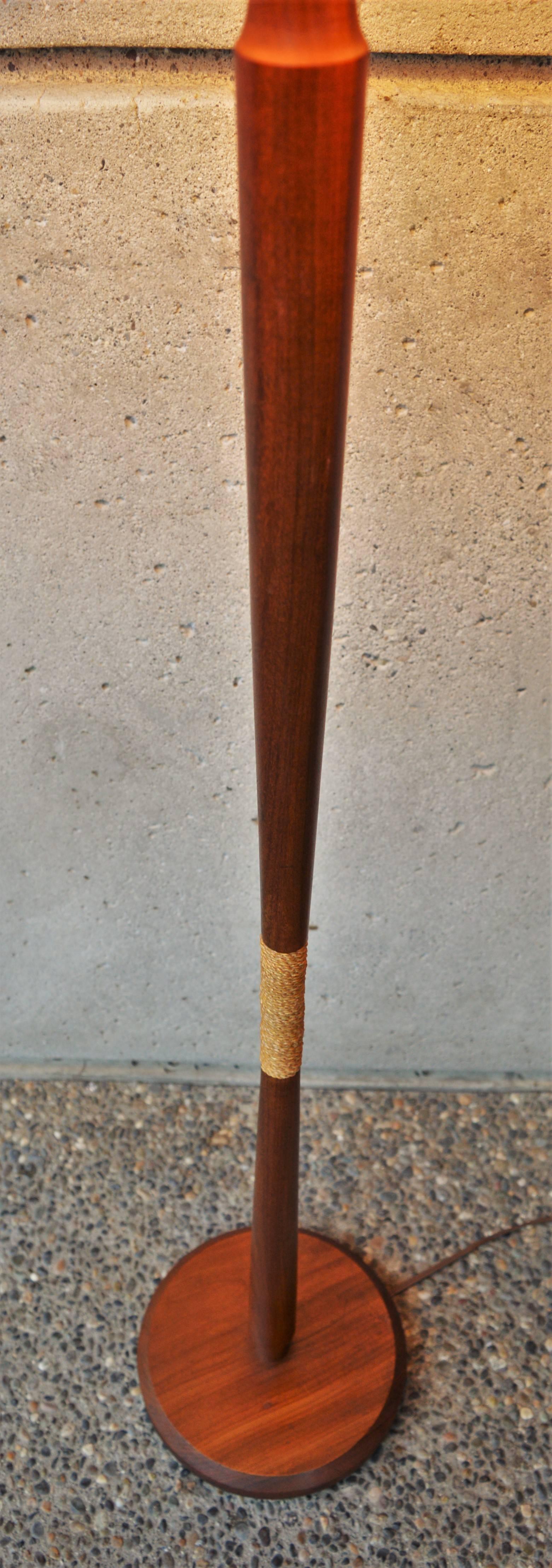 Mid-20th Century Danish Teak Sculptural Floor Lamp Grasscloth Shade Jute Wrapping For Sale