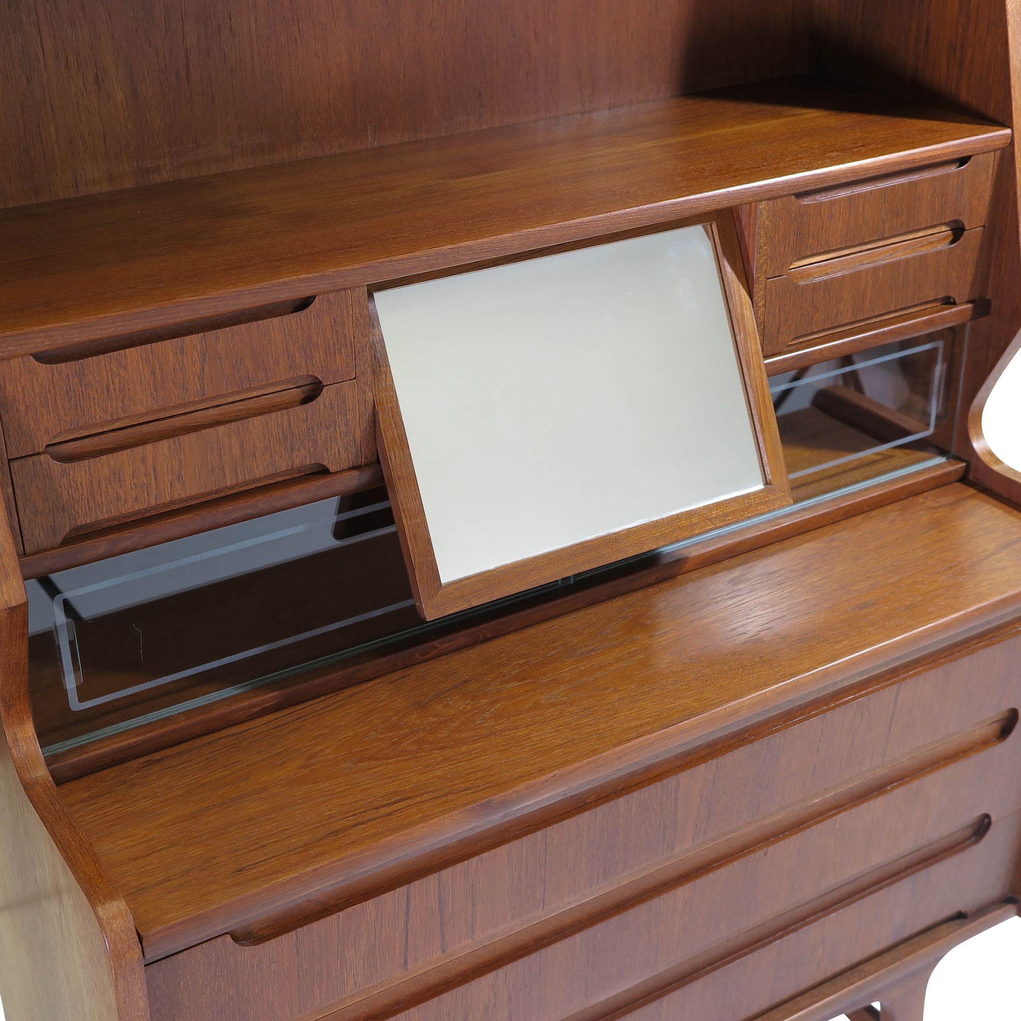 Glass Danish Teak Secretary Desk with Hidden Vanity Mirror For Sale