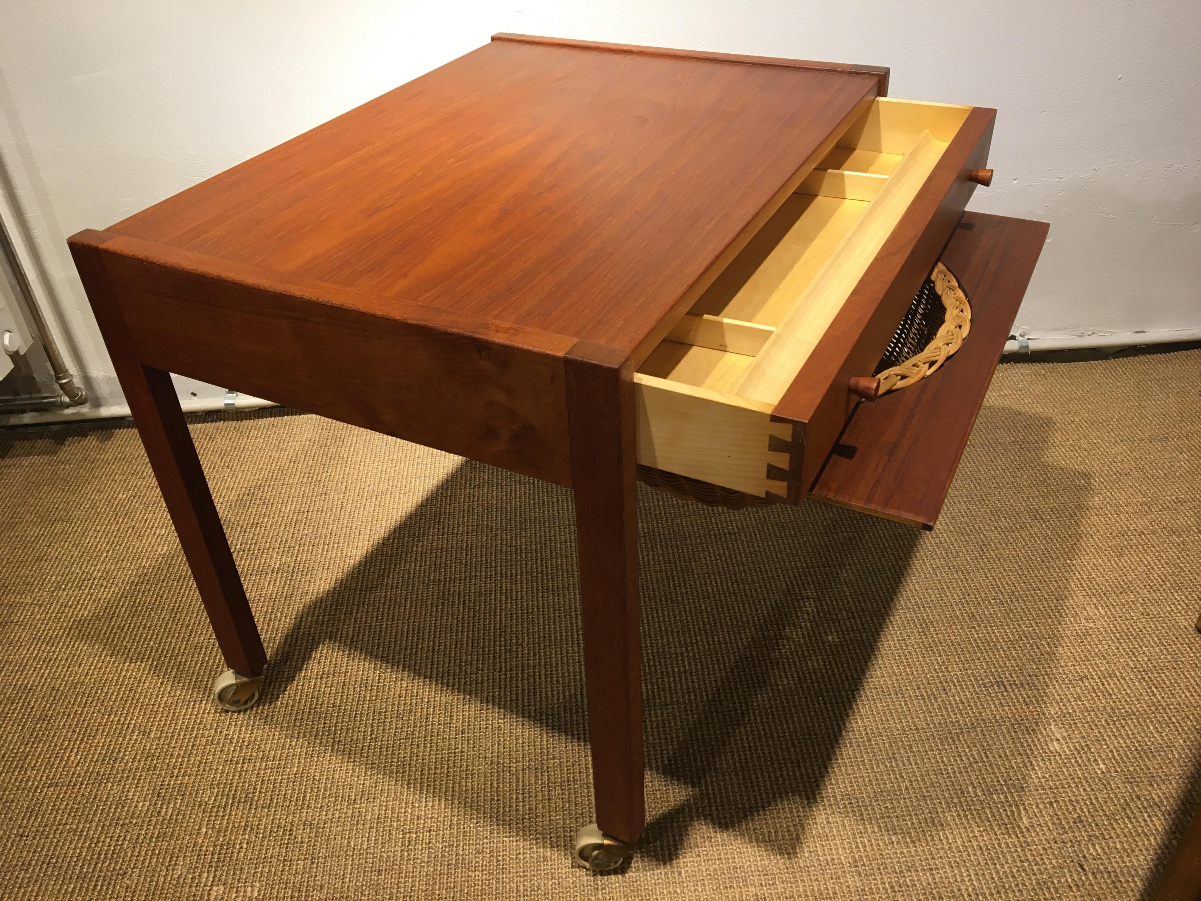 Brass Danish Teak Sewing Table, Made by Danish Carpenter For Sale