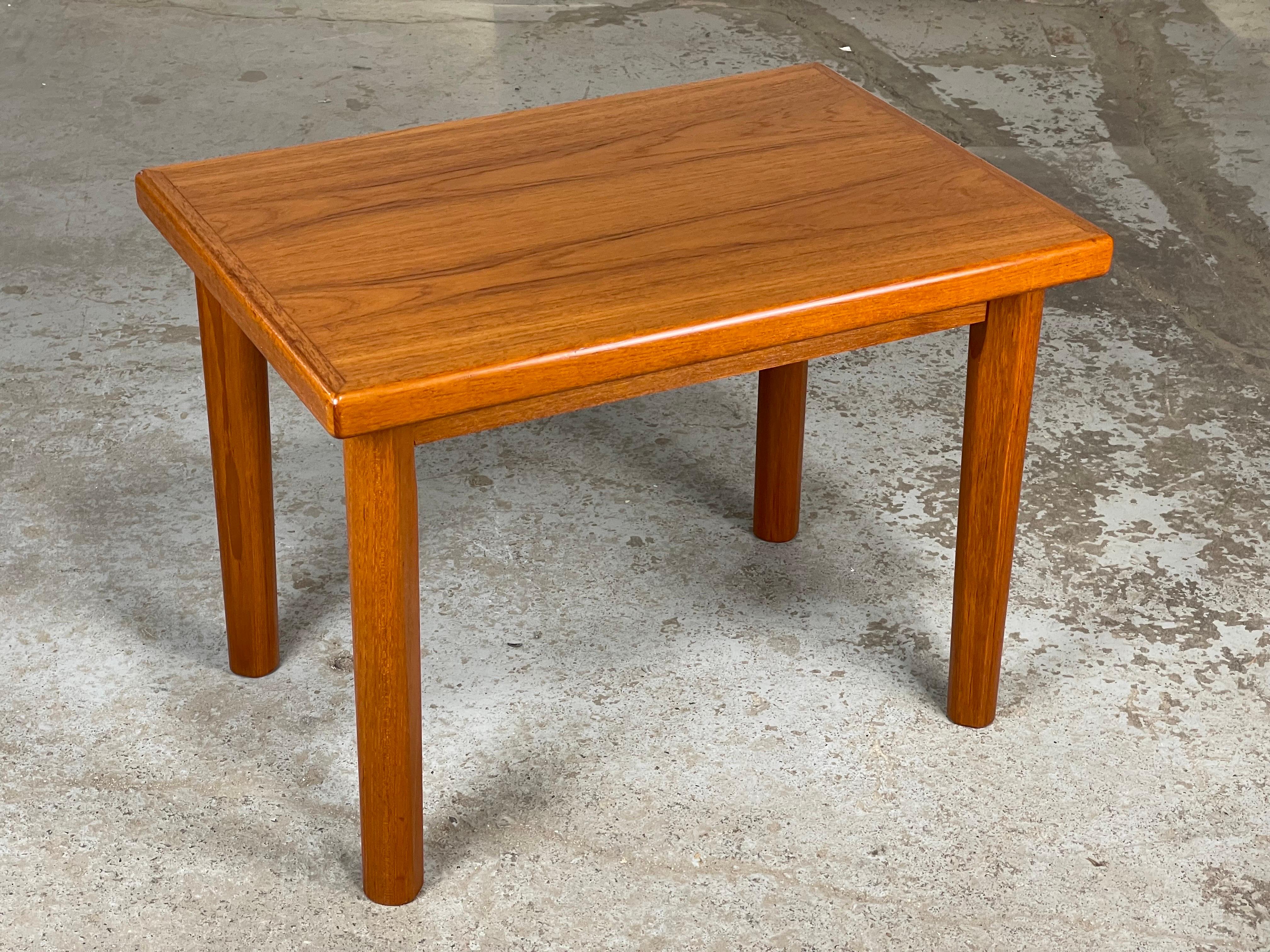 Lovely Danish side table in teak, with nicely angled legs. Original condition. Some very minor wear. Please see pictures. Displays nicely. 
This will ship in a box with the legs unscrewed for efficient shipping. 
Measures: 25.5