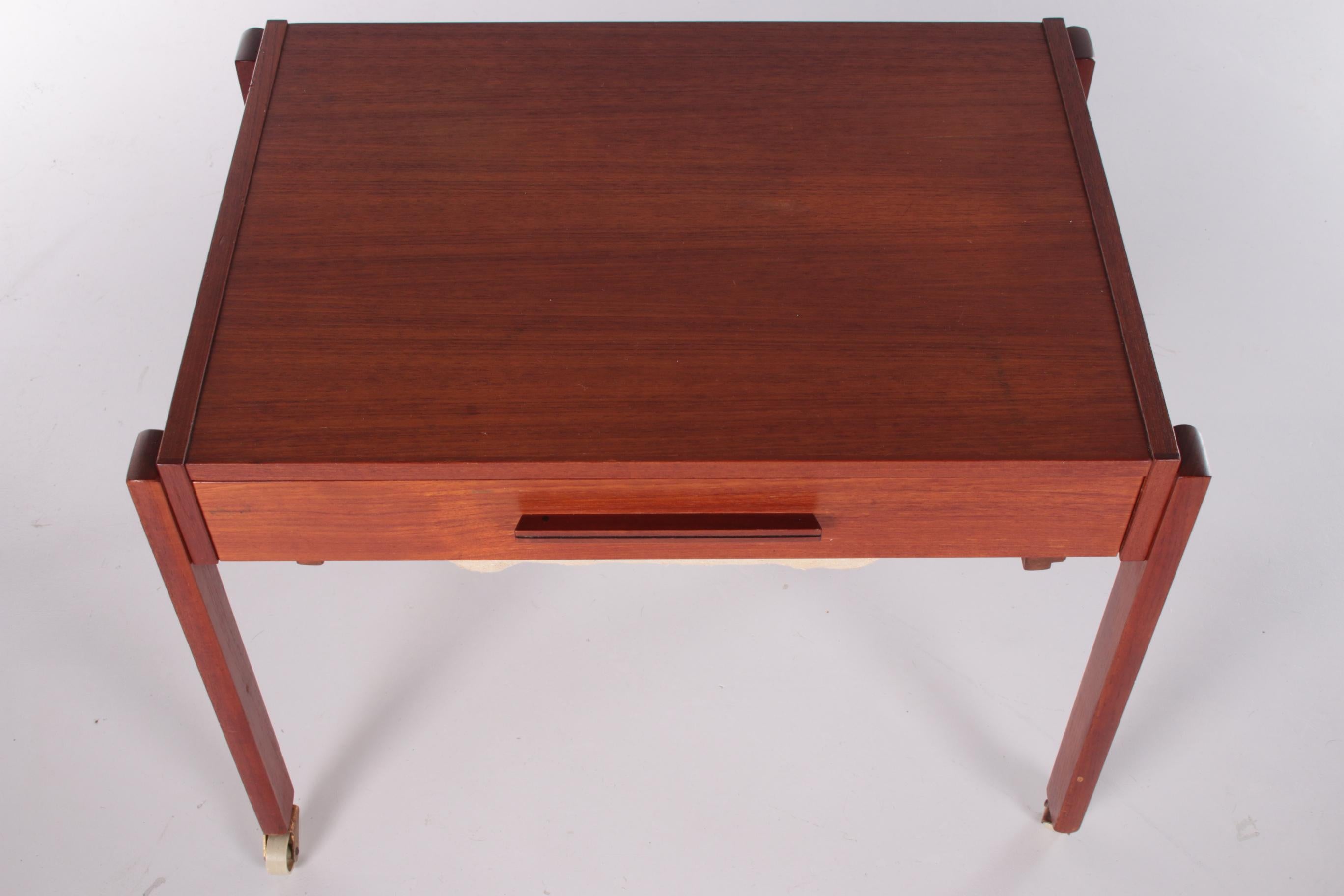Danish Teak Side Table with Drawers on Wheels For Sale 6