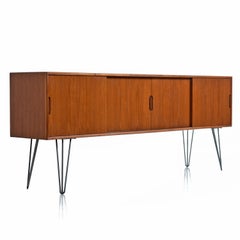 Danish Teak Sliding Door Credenza Media Cabinet on Hairpin Legs