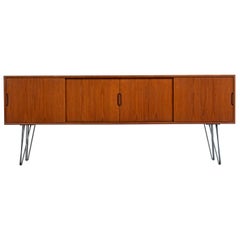 Danish Teak Sliding Door Credenza Media Cabinet on Hairpin Legs