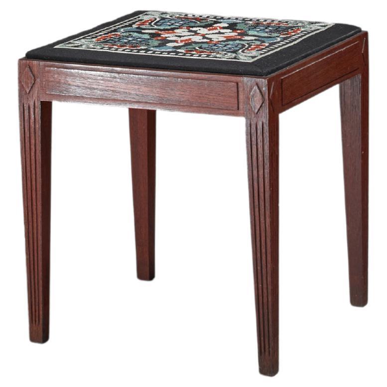 Danish Teak Stool with Embroidered Seating, 1940s