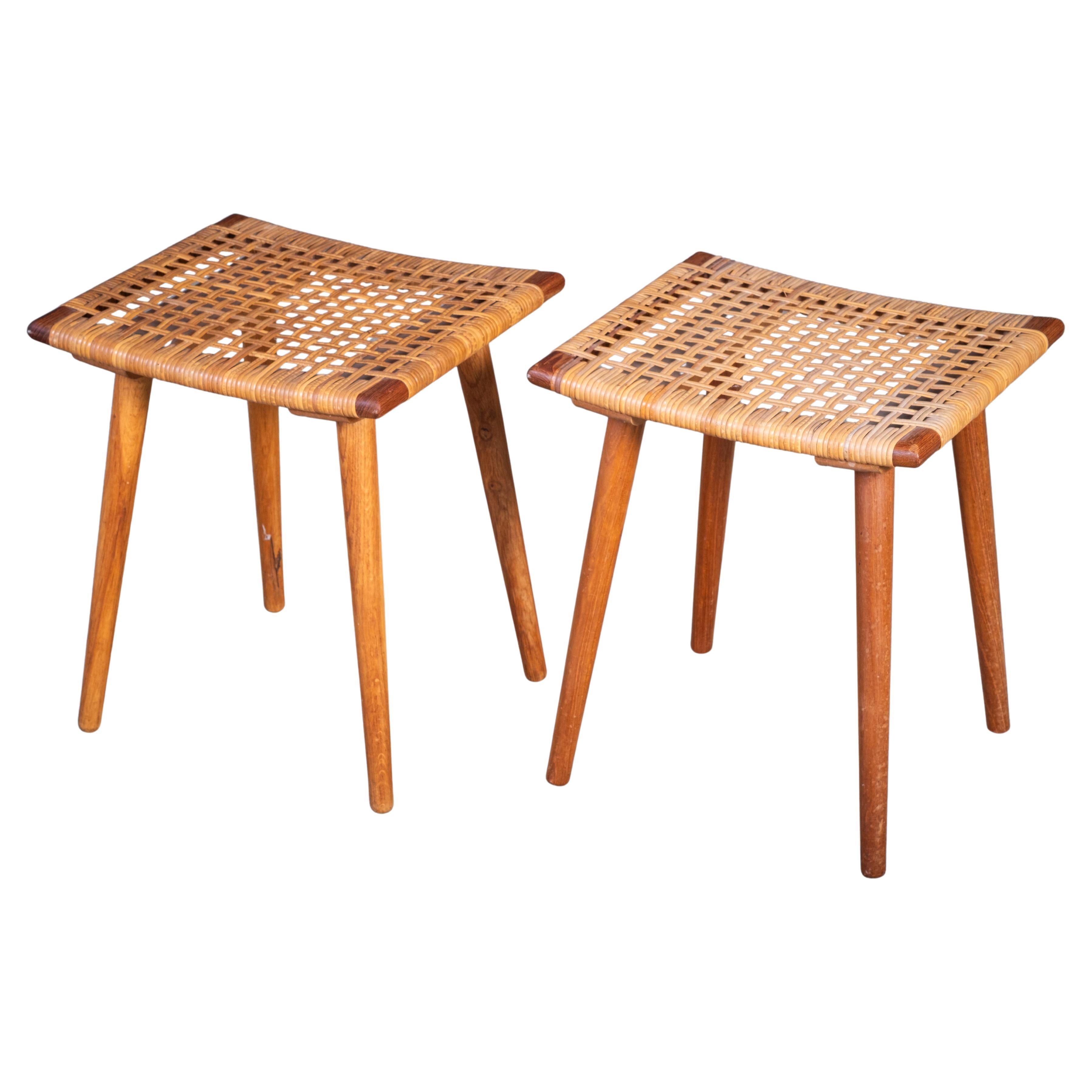 Danish Teak Stools with Cane, 1960s, Set of 2 For Sale