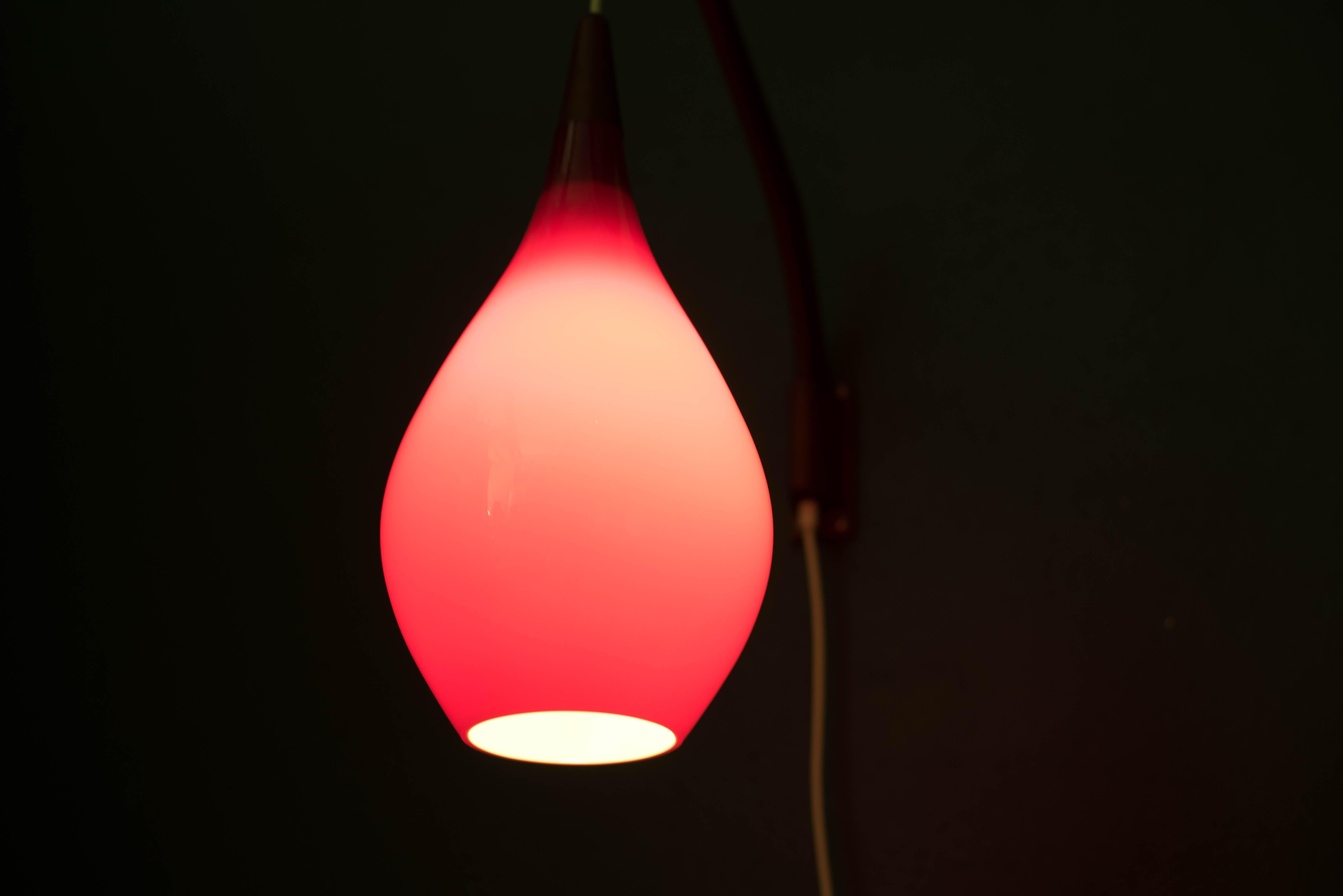 Danish Teak Swing Arm Red Glass Pendant Lamp by Holmegaard In Good Condition In San Jose, CA