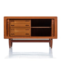 Danish Teak Tambour Door Media Cabinet Credenza with Carved Teak Pulls