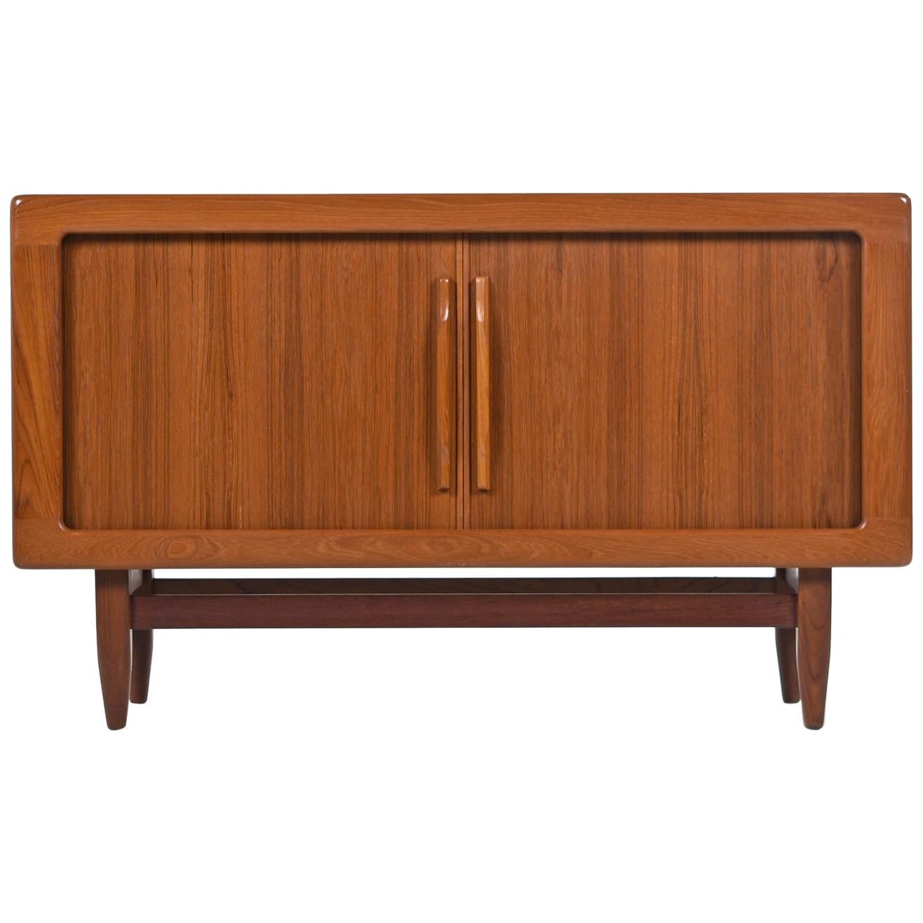 Danish Teak Tambour Door Media Cabinet Credenza with Carved Teak Pulls