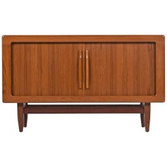 Danish Teak Tambour Door Media Cabinet Credenza with Carved Teak Pulls