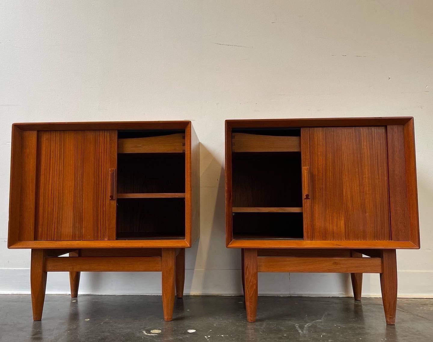 Svend Madsen for Falster.

Gorgeous pair of teak tambour door Danish nightstands that are in fantastic condition.

Very clean minimalist design with ample storage space.

Dimensions:

21.5” W, 17.75” D, 24” H.