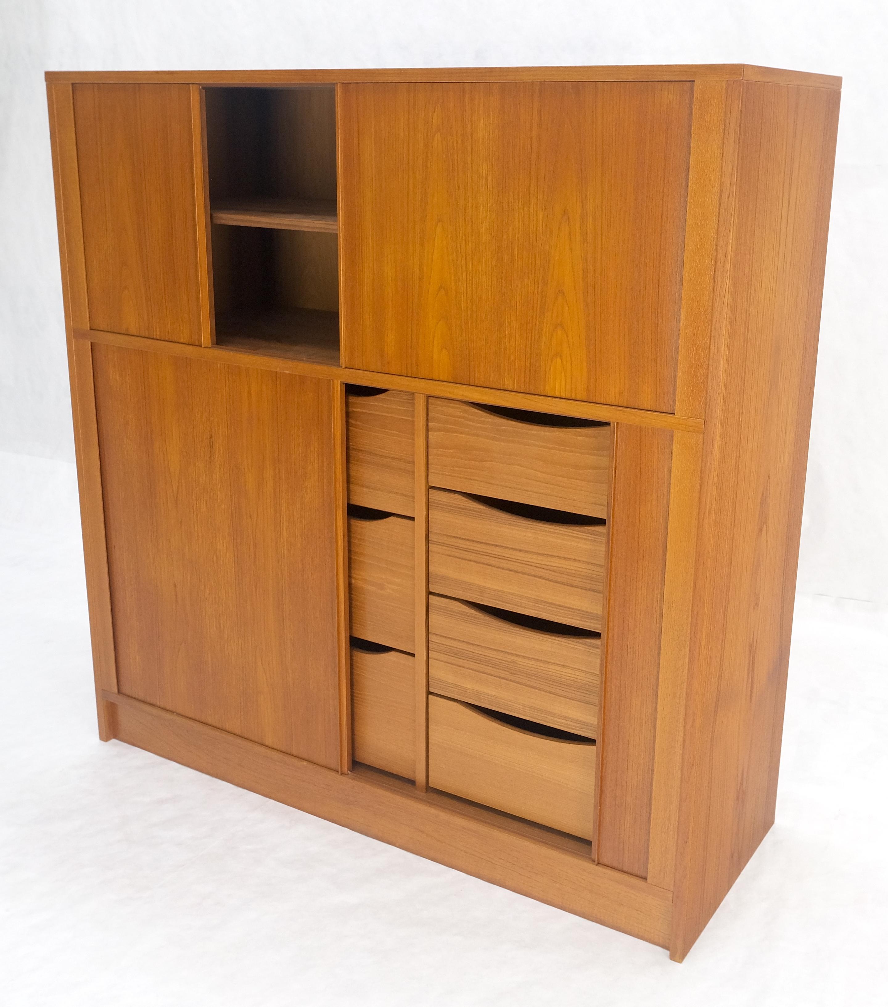 Lacquered Danish Teak Tambour Doors 9 Drawers Dresser High Boy Chest Credenza Cabinet MINT For Sale