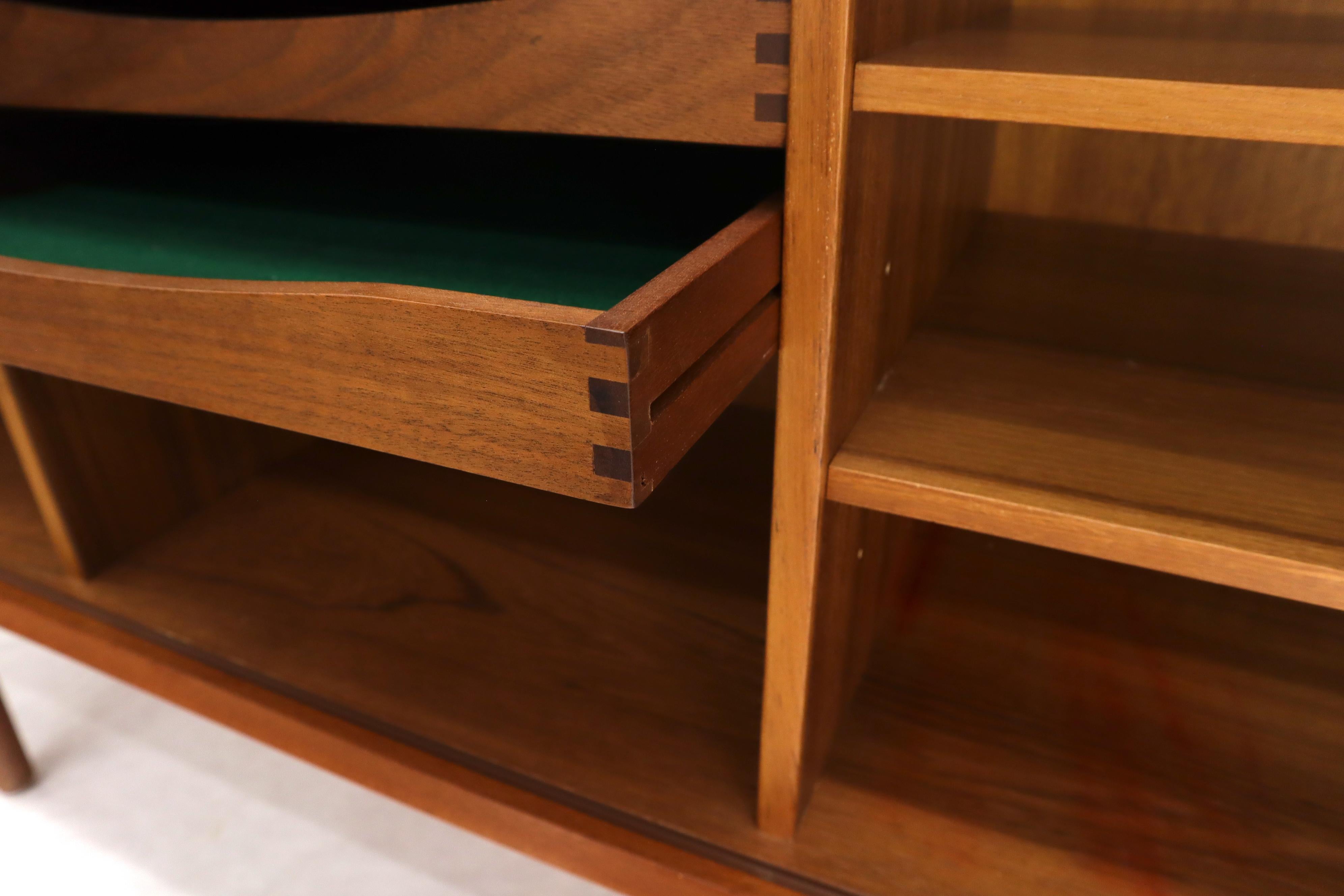 Danish Teak Tambour Doors Long Credenza Dresser Server with Glass Doors Hutch For Sale 3