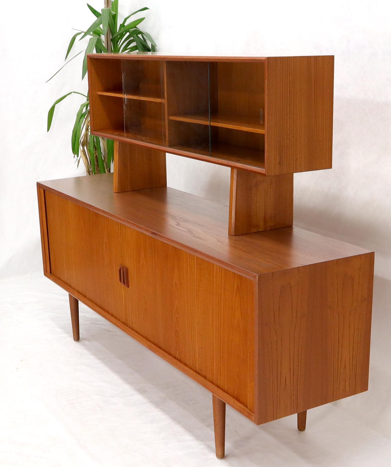 Mid-Century Modern Danish Teak Tambour Doors Long Credenza Dresser Server with Glass Doors Hutch  For Sale