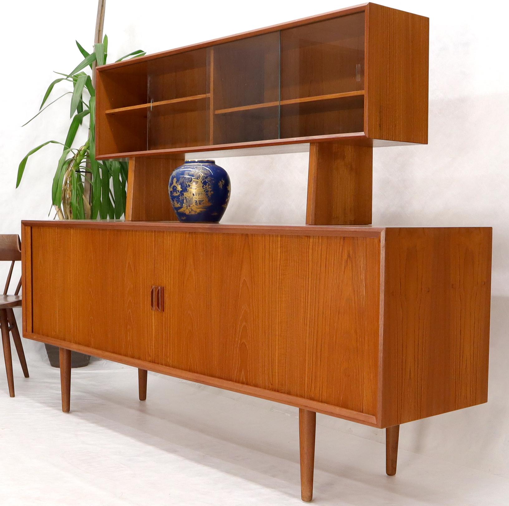 20th Century Danish Teak Tambour Doors Long Credenza Dresser Server with Glass Doors Hutch For Sale