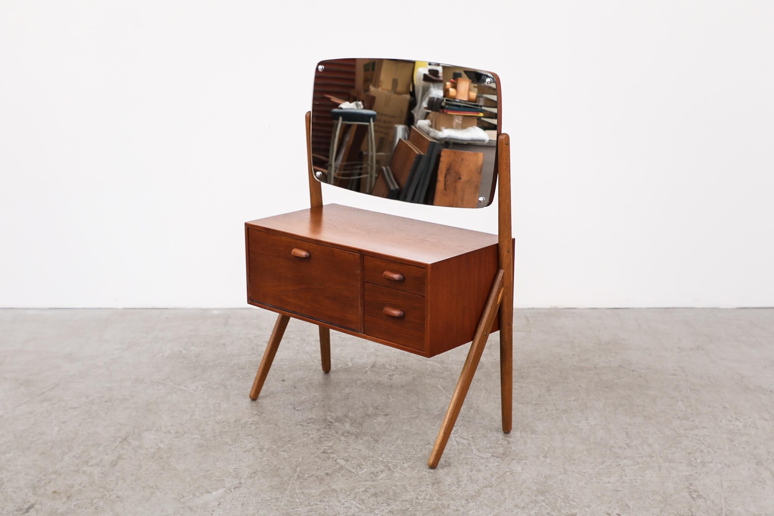 Mid-Century Modern Danish Teak Vanity with Drop Down Cabinet, 2 Drawers and Adjustable Mirror