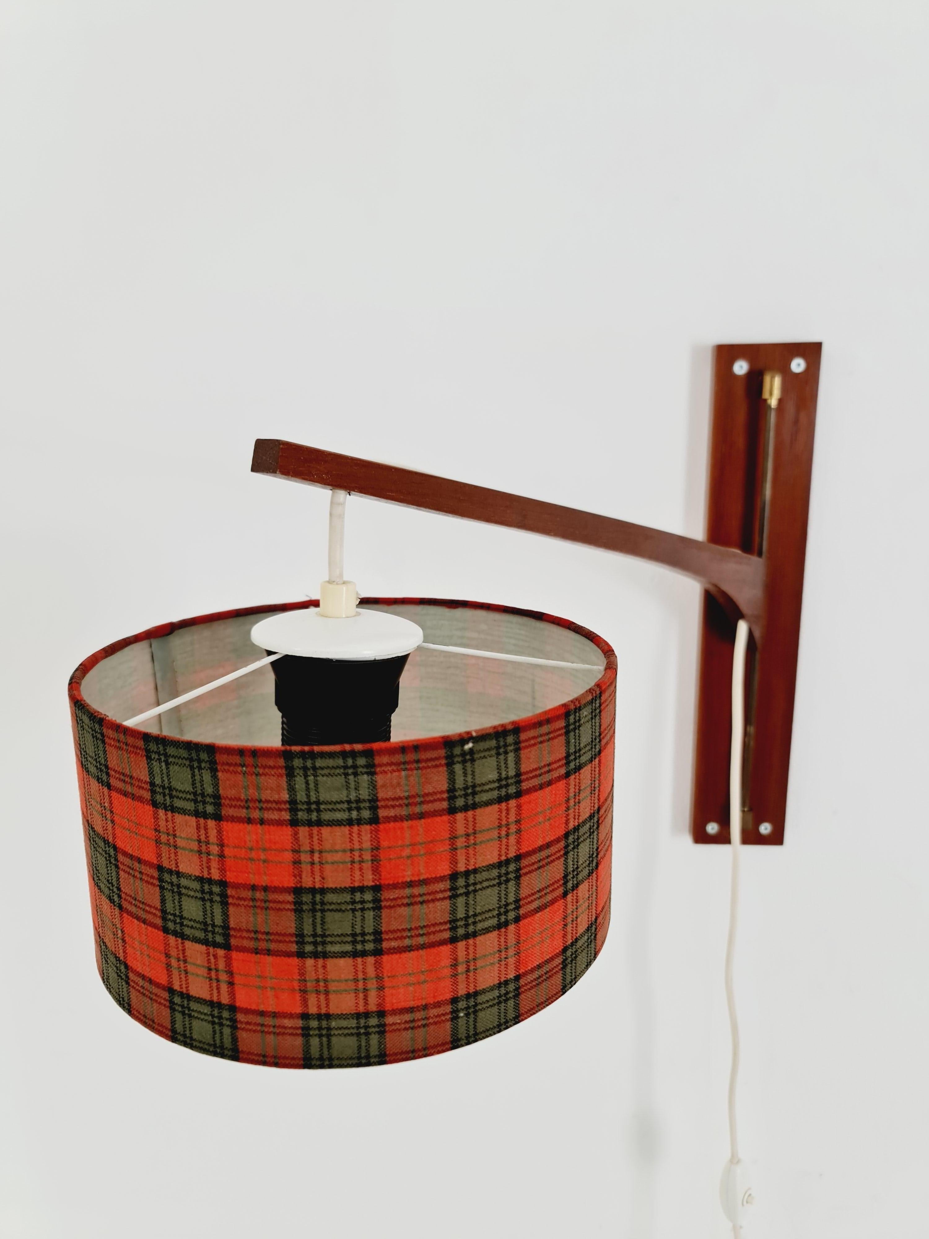 Fabric Danish Teak wall Lamp with nice Shade 1960s For Sale