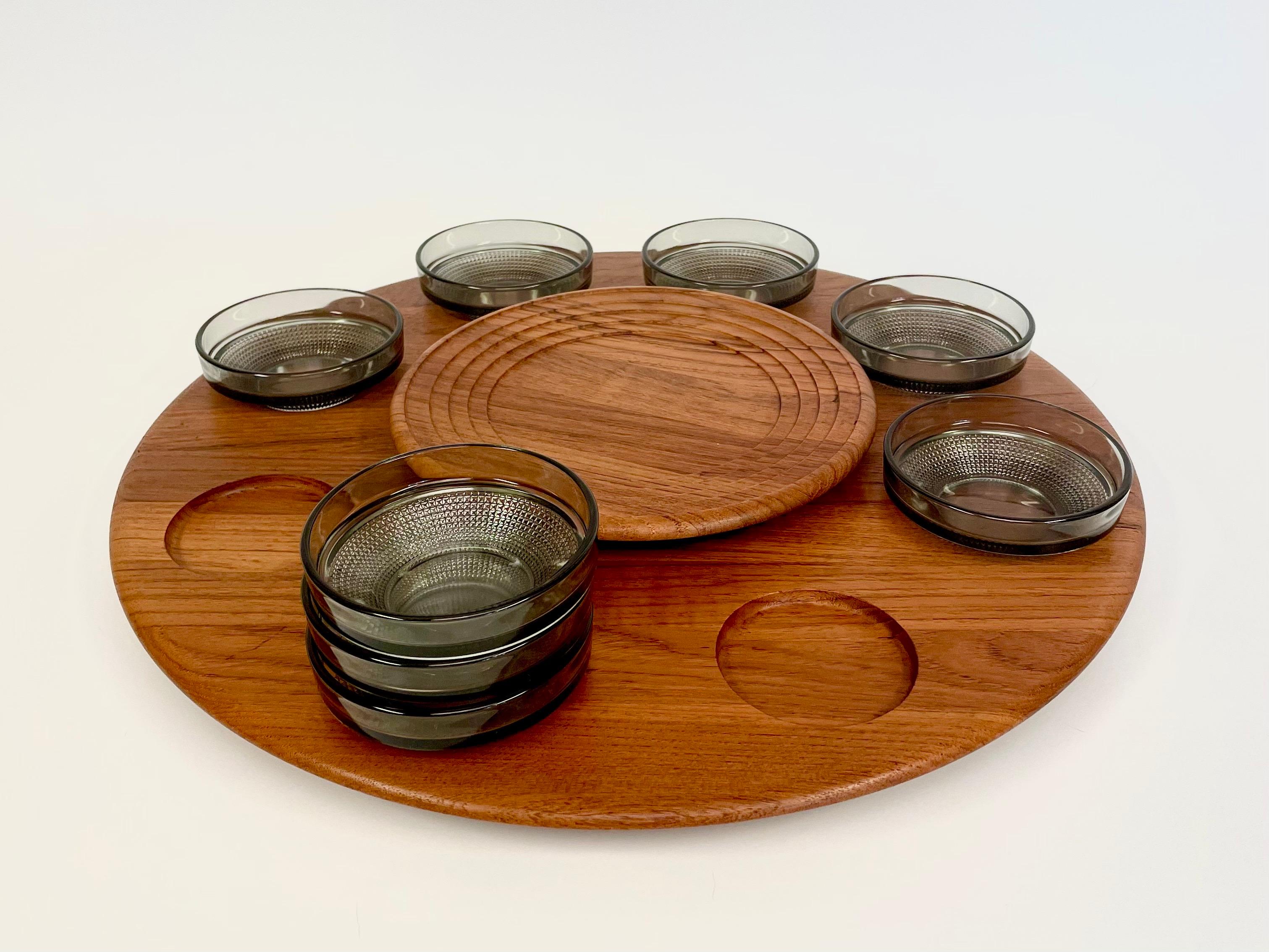 Carved Danish Retro Teakwood 8-bowls “Lazy Susan” from 1964 by Digsmed For Sale