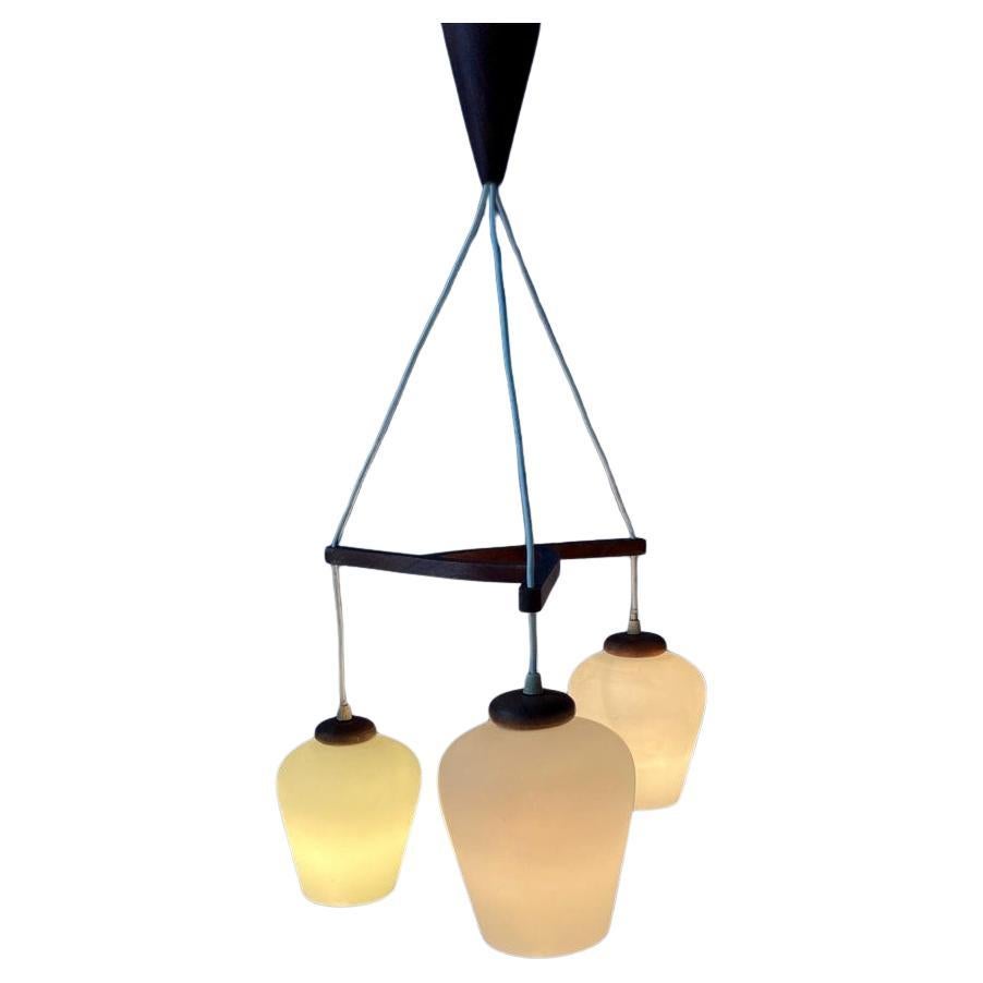 Danish Teak wood Cascade Pendant Lamp with Three Opaline Glass Shades, 1970s