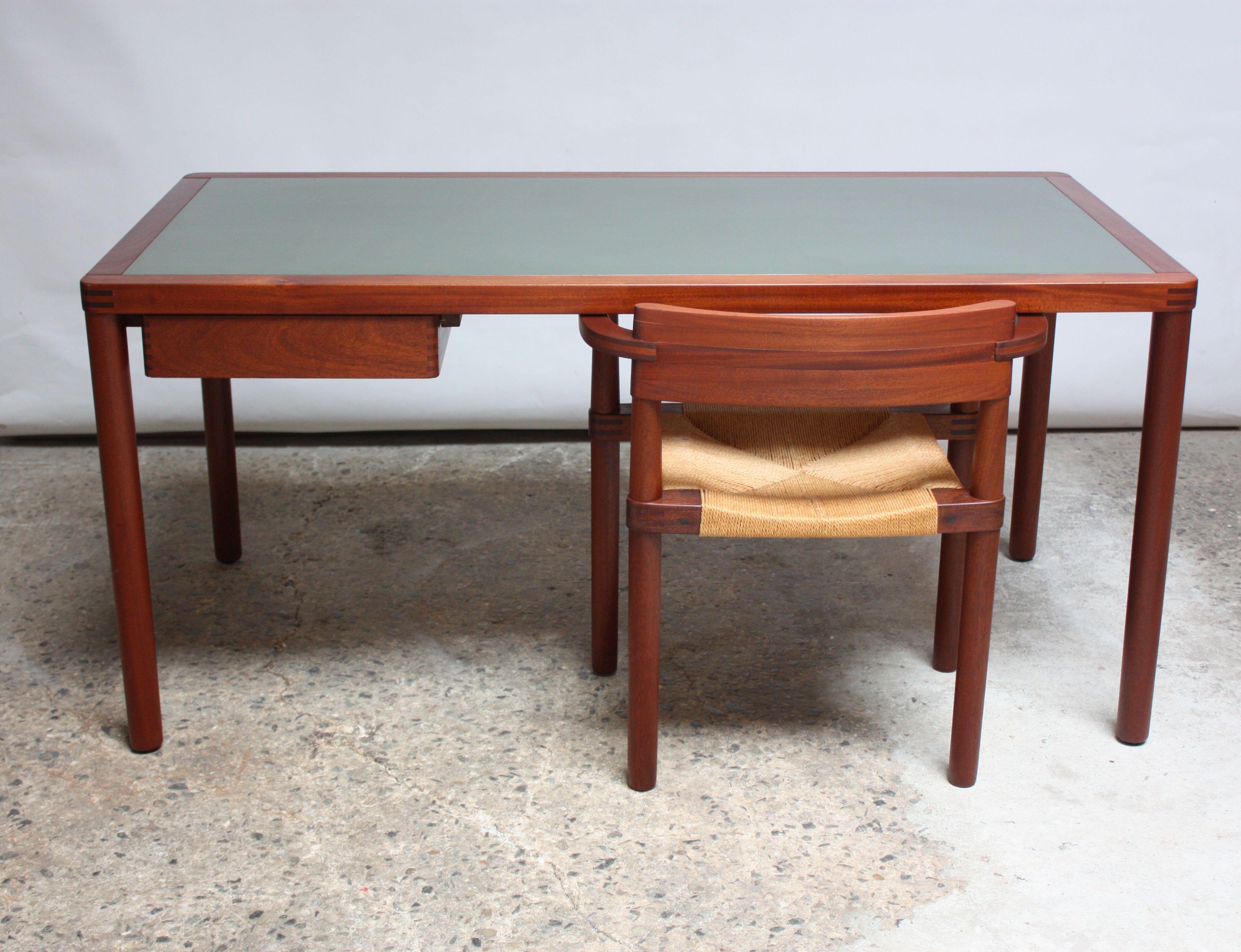 Papercord Danish Teak Writing Table with Green Top and Matching Chair