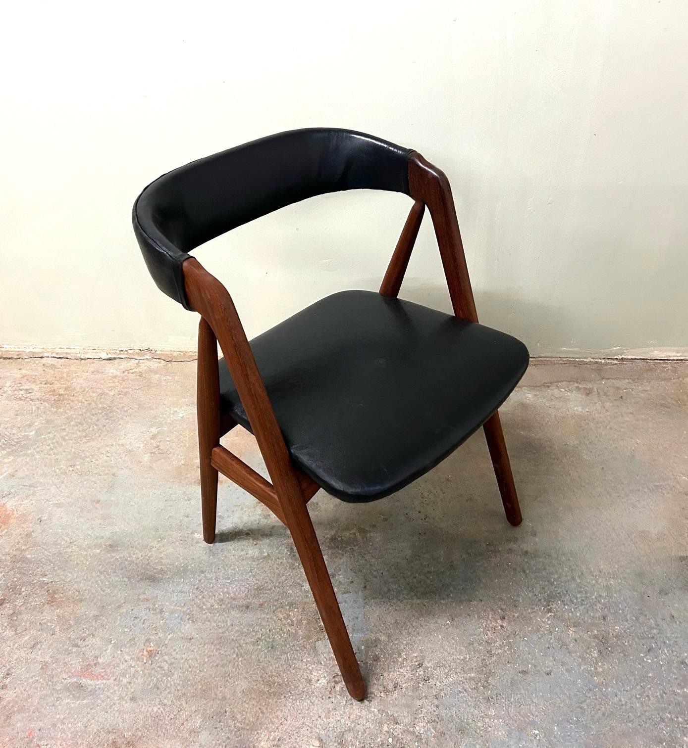 Mid-Century Modern Danish Thomas Harlev for Farstrup Teak and Black Vinyl Dining Desk Chair 1950s For Sale