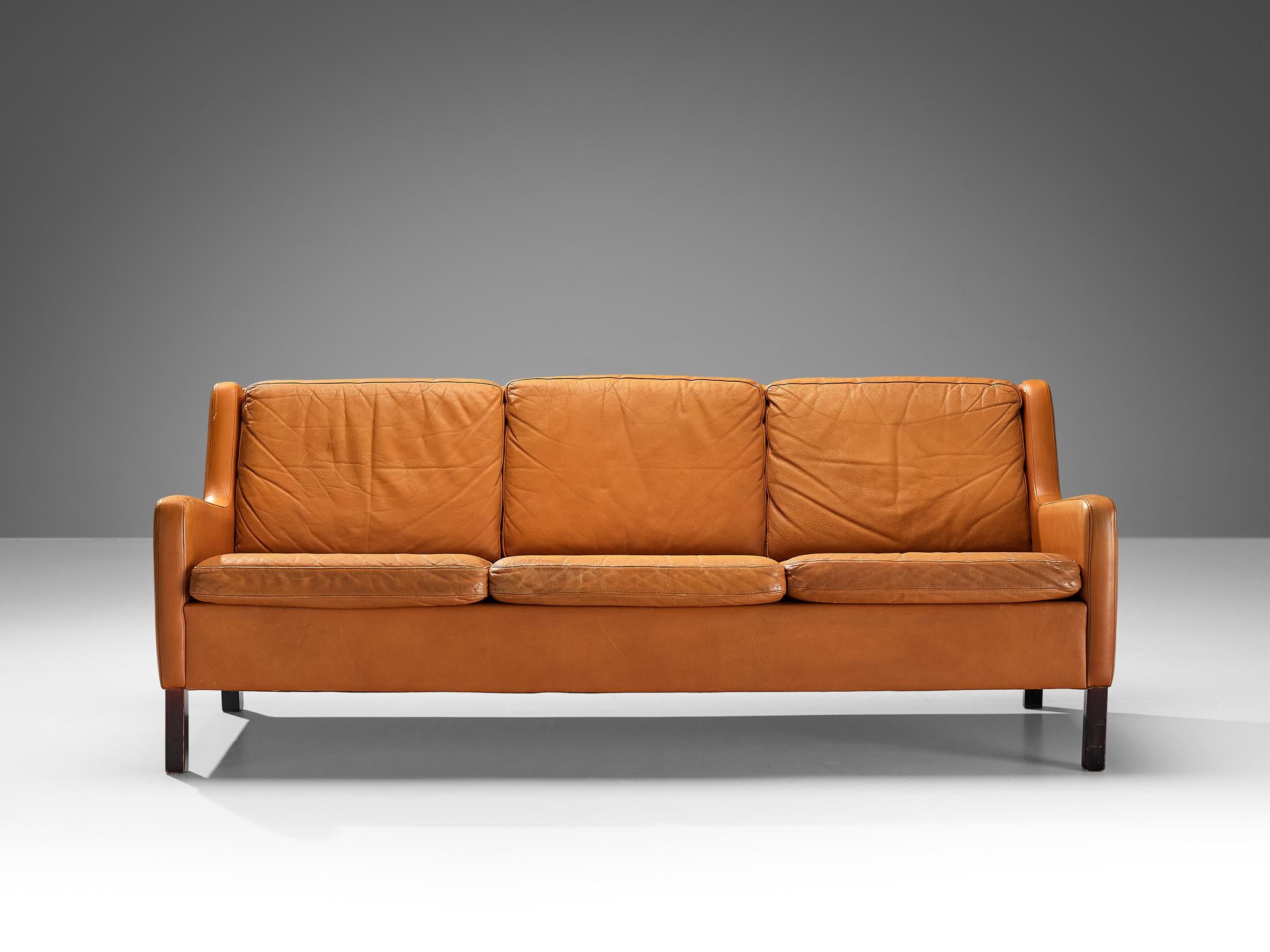 Scandinavian Modern Danish Three-Seat Cognac Leather Sofa  For Sale