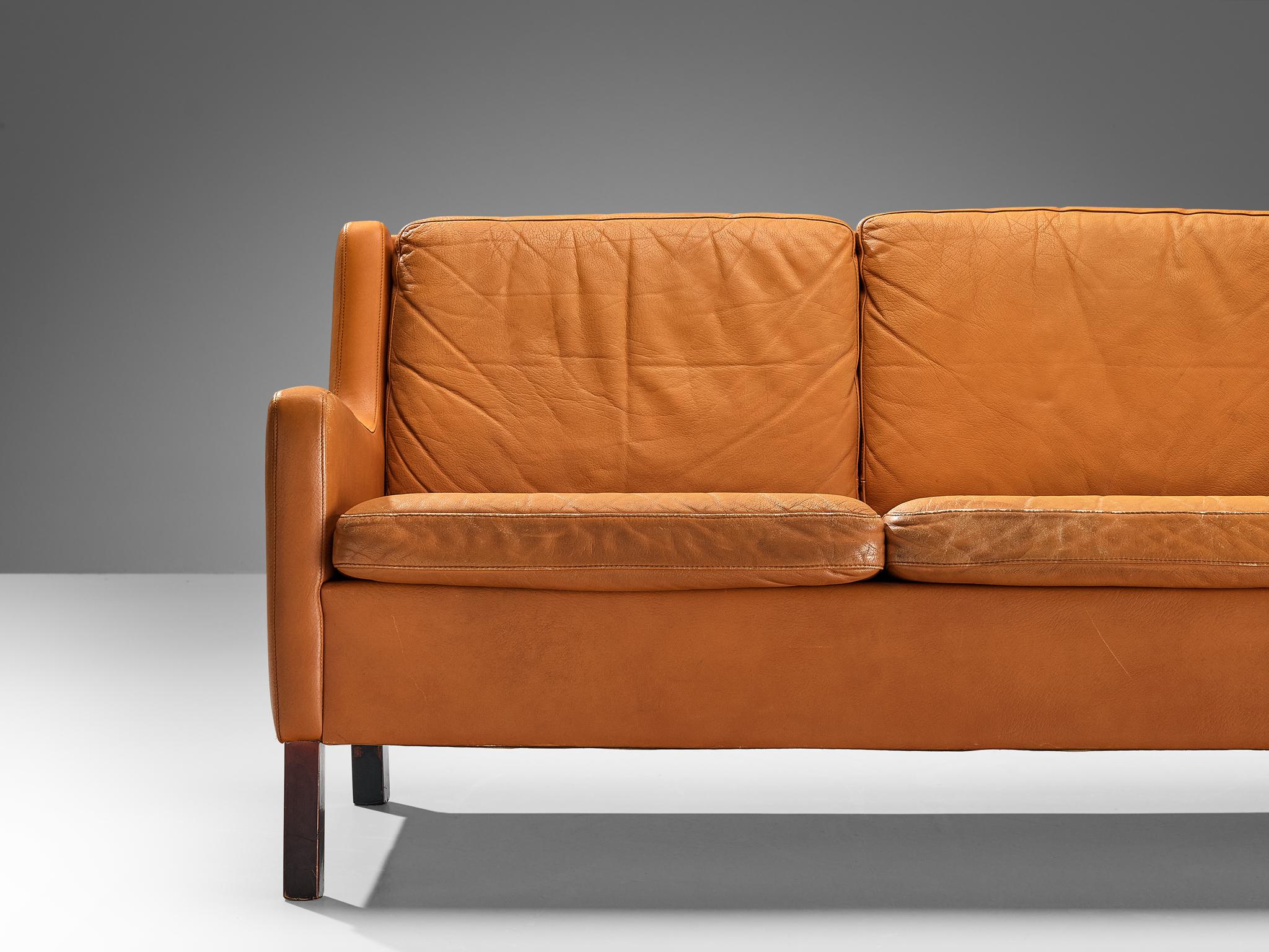 Scandinavian Modern Danish Three-Seat Cognac Leather Sofa