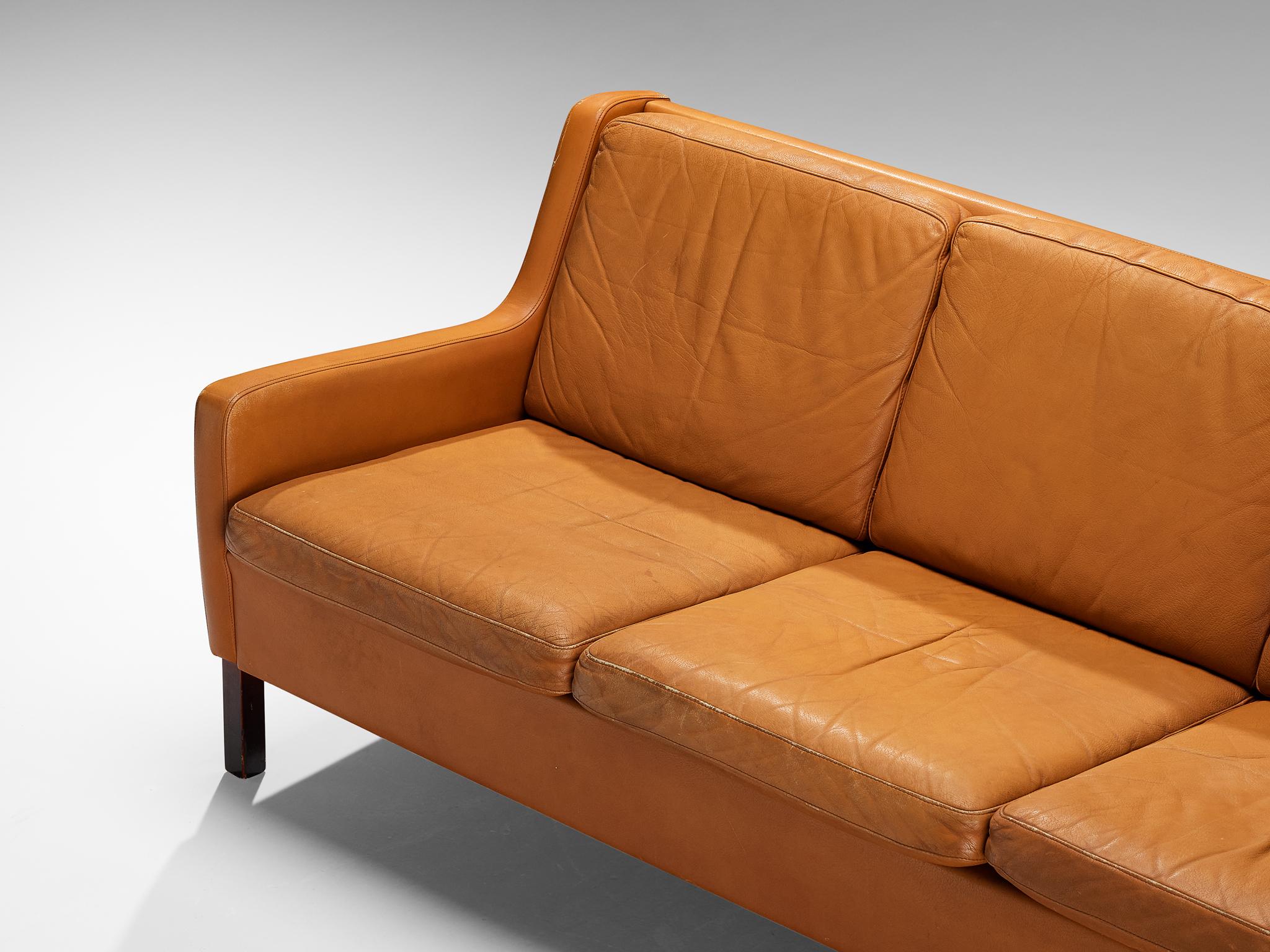 Danish Three-Seat Cognac Leather Sofa In Good Condition In Waalwijk, NL