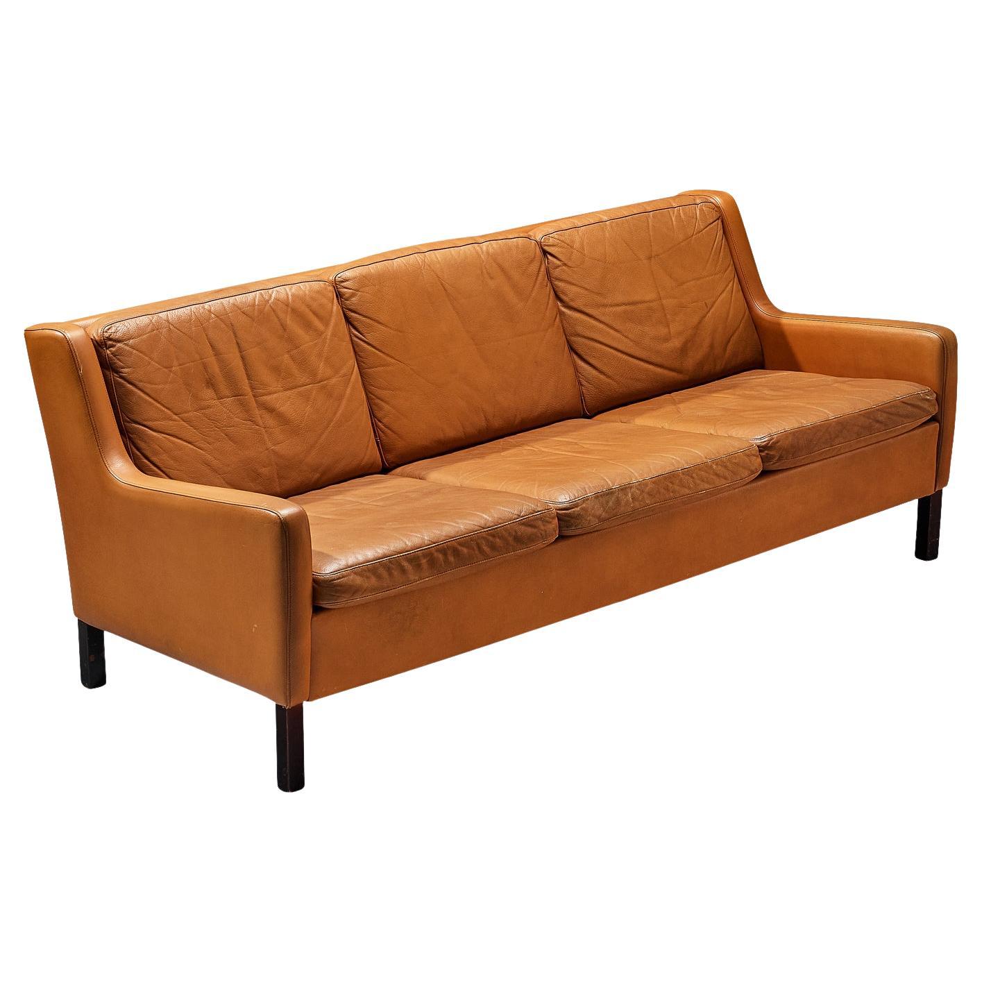 1960s Danish Three-Seat Sofa in Cognac Leather and Wood