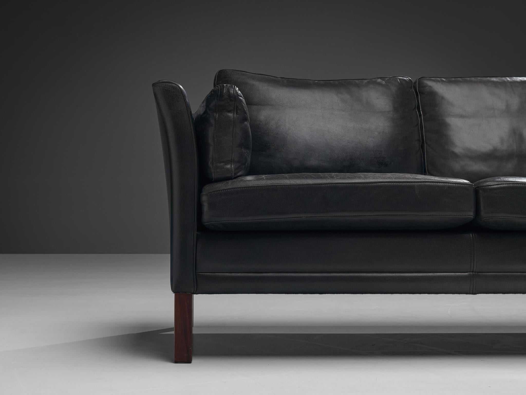 Danish Three Seat Sofa in Black Leather For Sale 5
