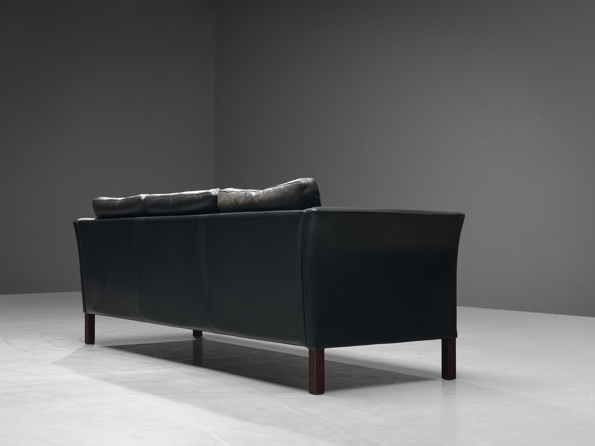 Danish Three Seat Sofa in Black Leather For Sale 6