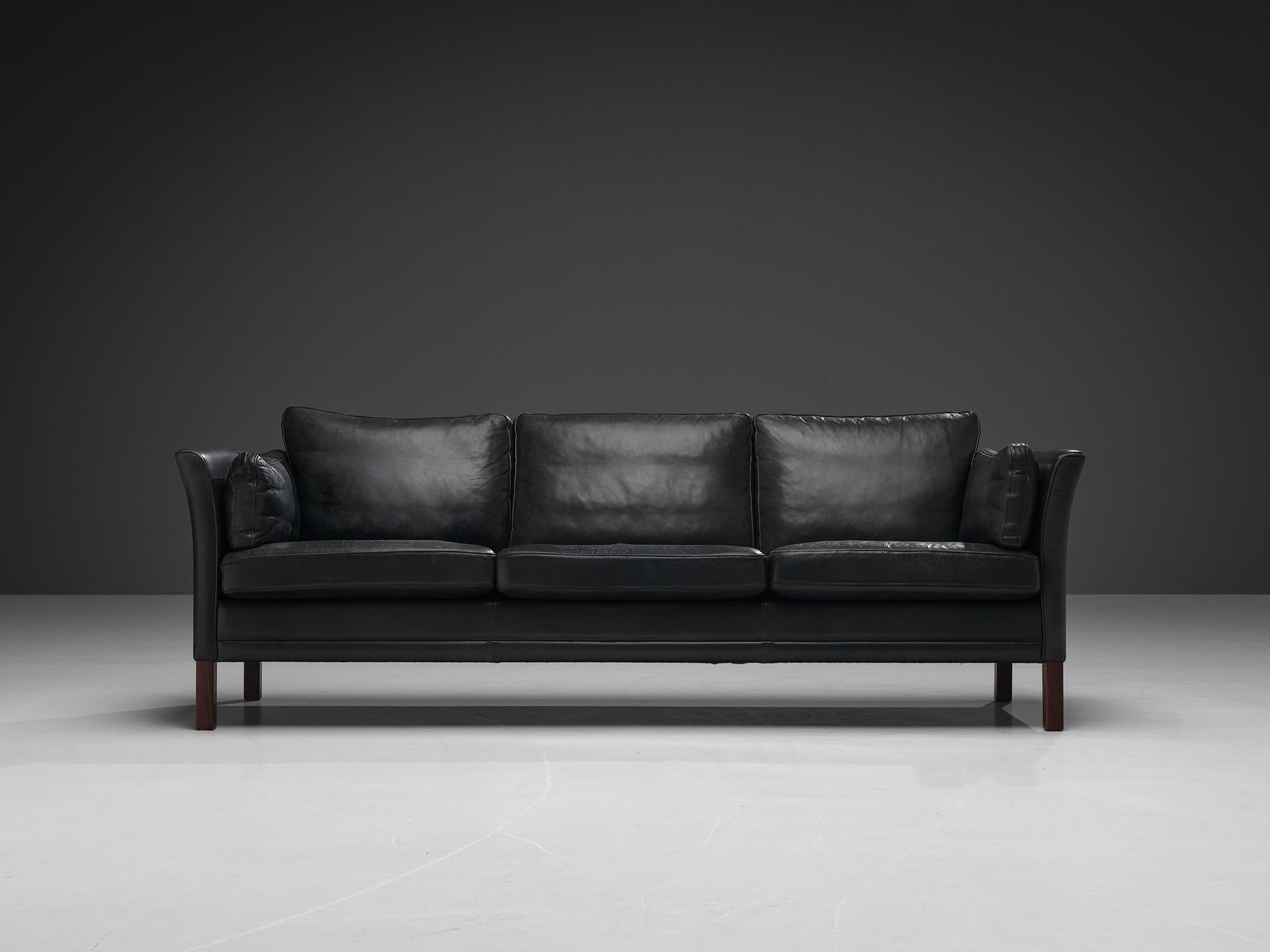Scandinavian Modern Danish Three Seat Sofa in Black Leather For Sale